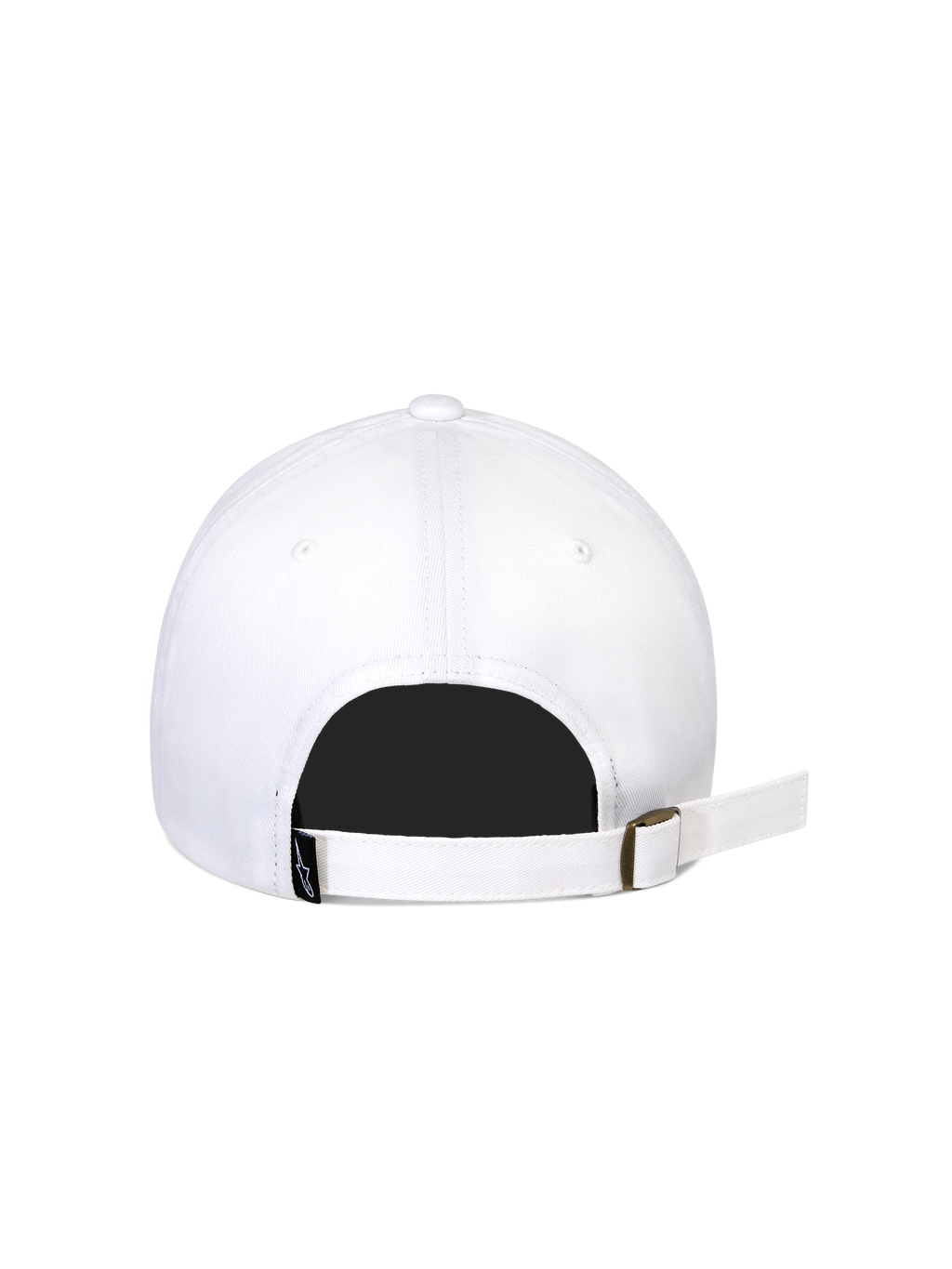 Alpinestars Calipalm Strapback kasket, hvid, set bagfra, viser justerbar strapback-lukning med metalspænde, hvidt bomuldstwill-stof, lille sort vævet logo-mærke, afslappet sportswear-design