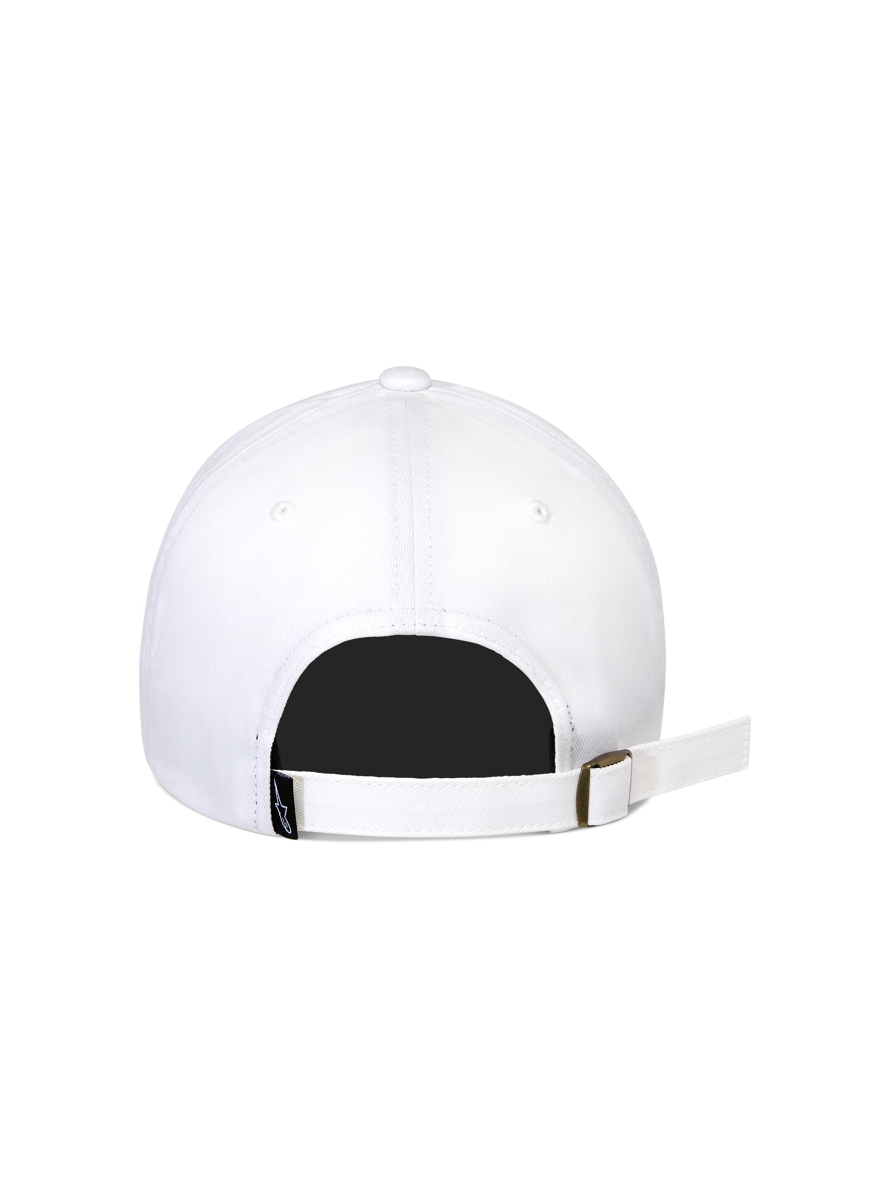Alpinestars Calipalm Strapback kasket, hvid, set bagfra, viser justerbar strapback-lukning med metalspænde, hvidt bomuldstwill-stof, lille sort vævet logo-mærke, afslappet sportswear-design