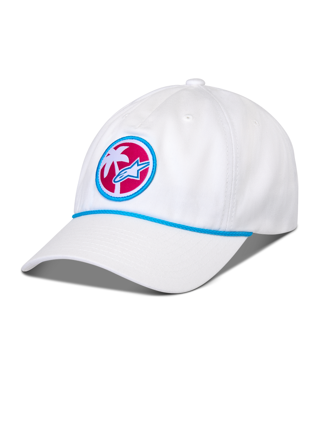 Alpinestars Calipalm Strapback kasket, hvid, buet skygge med blå reb-detalje, cirkulært frontmærke med et hvidt palmetræ og blåt Astars-logo på en lyserød baggrund, afslappet sportswear-hovedbeklædning