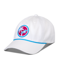 Alpinestars Calipalm Strapback kasket, hvid, buet skygge med blå reb-detalje, cirkulært frontmærke med et hvidt palmetræ og blåt Astars-logo på en lyserød baggrund, afslappet sportswear-hovedbeklædning