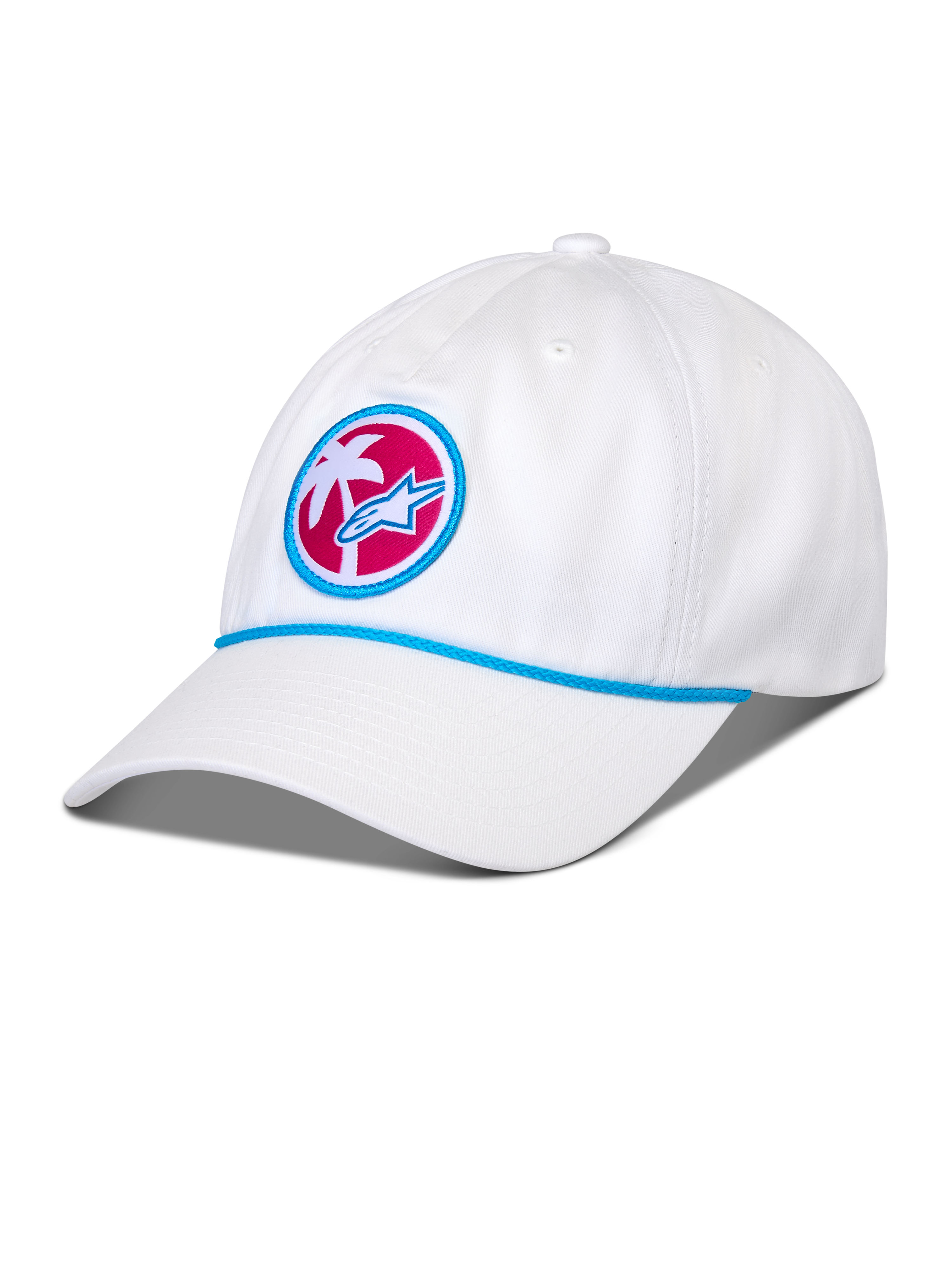Alpinestars Calipalm Strapback kasket, hvid, buet skygge med blå reb-detalje, cirkulært frontmærke med et hvidt palmetræ og blåt Astars-logo på en lyserød baggrund, afslappet sportswear-hovedbeklædning