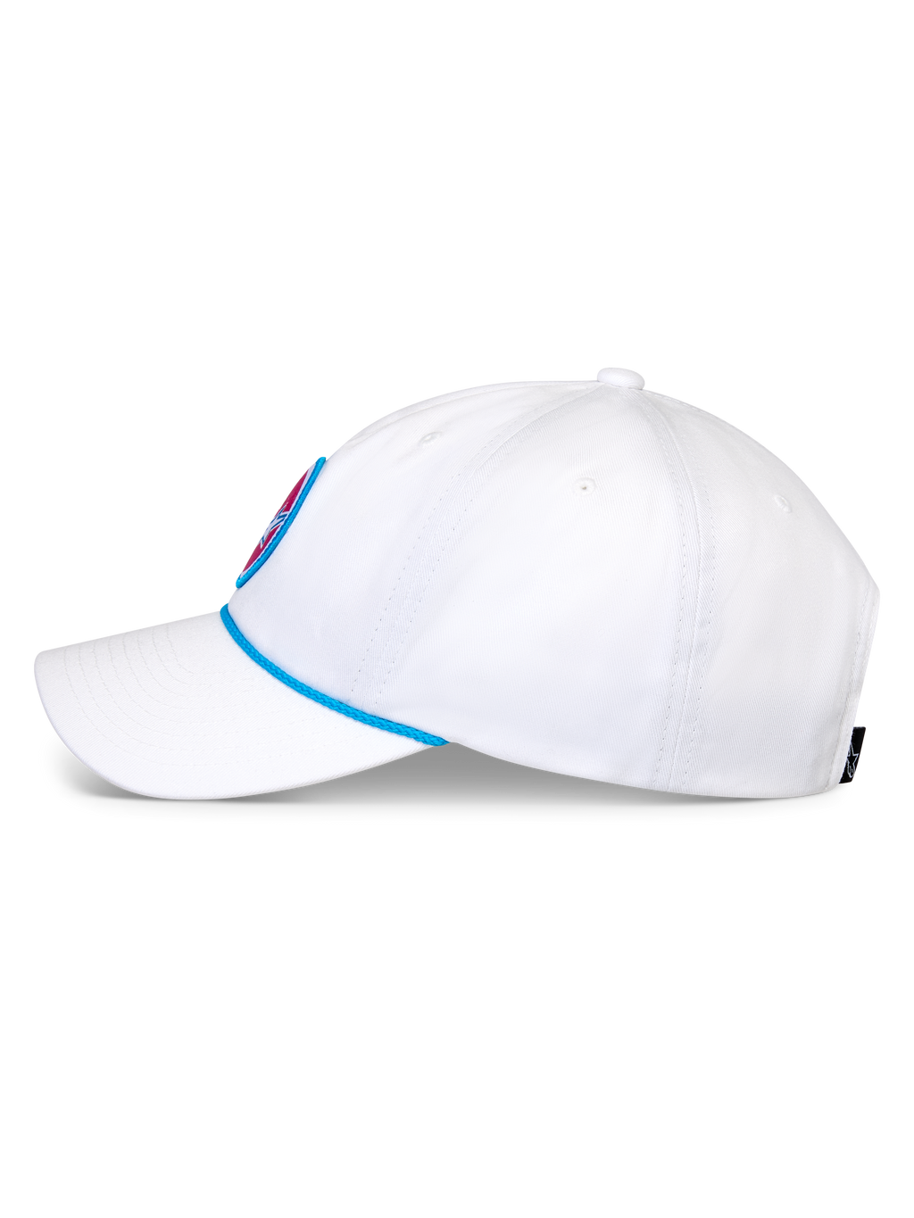 Alpinestars Calipalm Strapback kasket, hvid baseballkasket, sidevisning med buet skygge og blå snordetalje, ustruktureret lav krone i hvid bomuldstwill, afslappet sportswear-hovedbeklædning