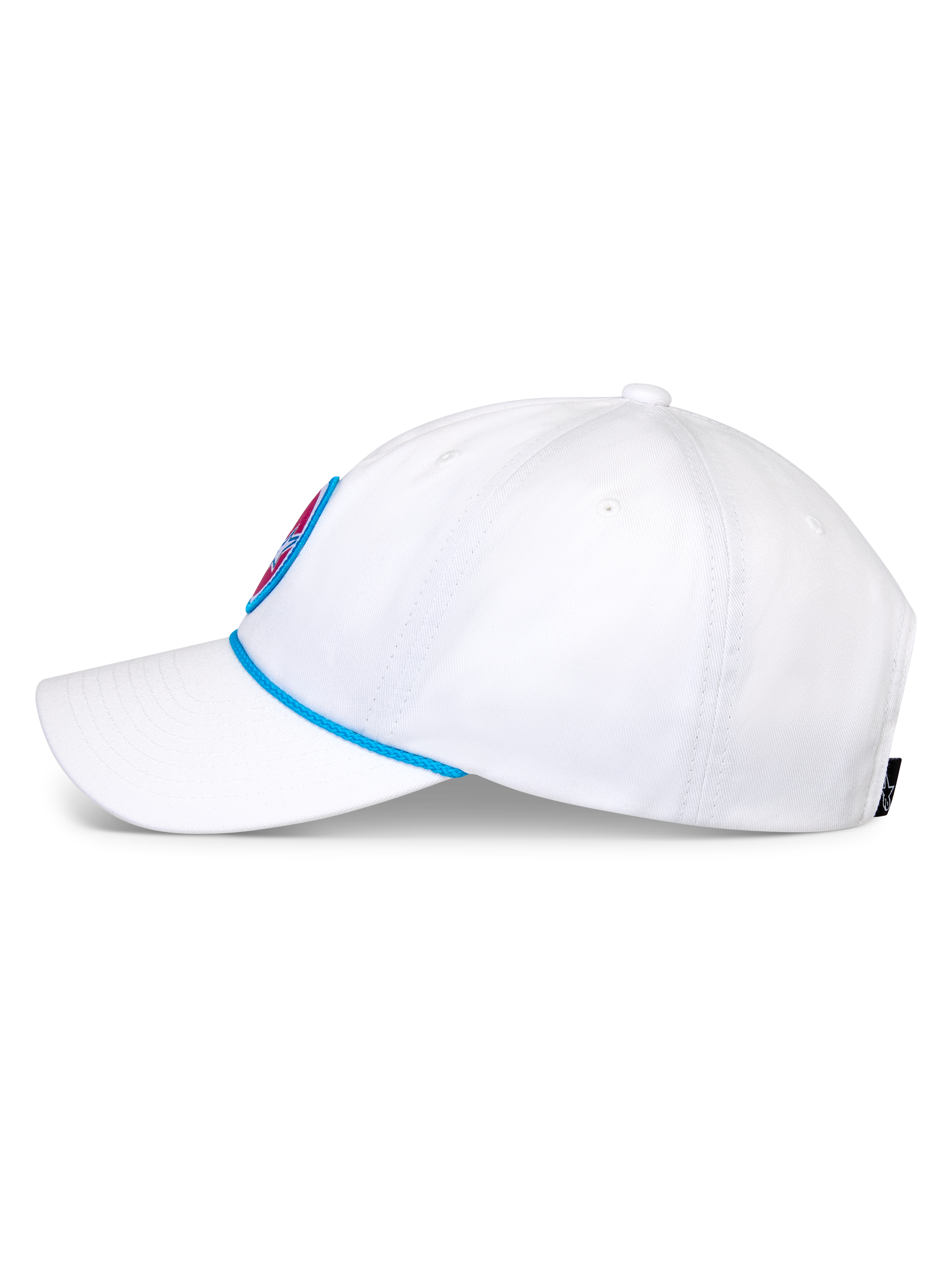 Alpinestars Calipalm Strapback kasket, hvid baseballkasket, sidevisning med buet skygge og blå snordetalje, ustruktureret lav krone i hvid bomuldstwill, afslappet sportswear-hovedbeklædning