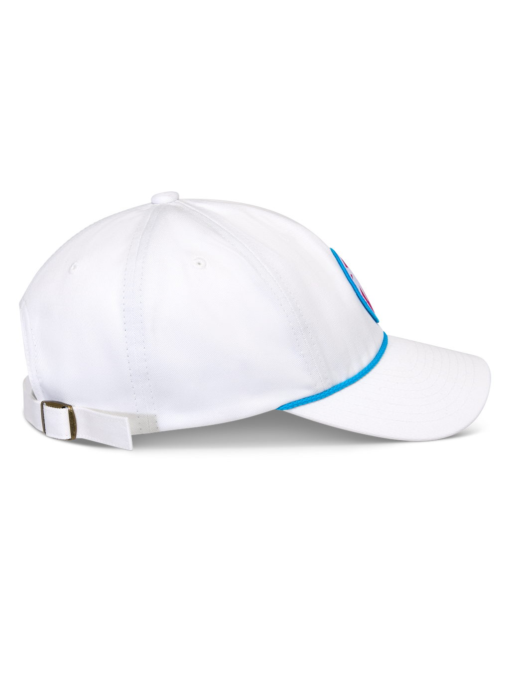 Alpinestars Calipalm Strapback kasket, hvid, sidevisning der viser buet skygge og ustruktureret lav krone, blå snoreaccent ved bunden, justerbar rem bagpå med metalspænde, afslappet sportstøj i bomuldstwill