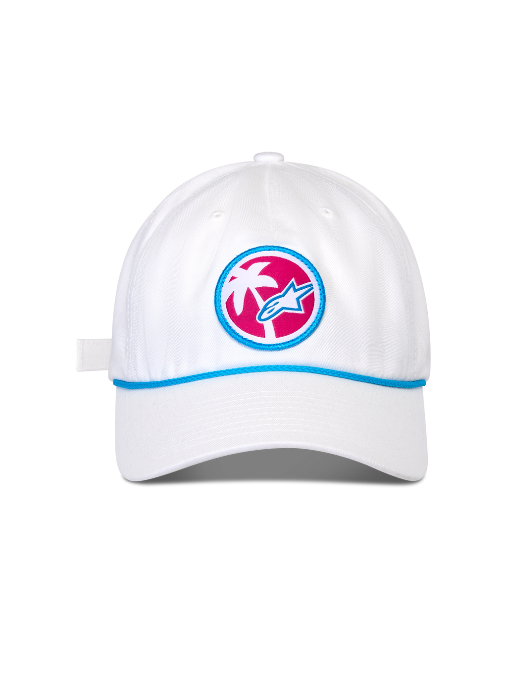 Alpinestars Calipalm Strapback kasket, hvid baseballkasket, buet skygge med blå snore-detalje, cirkulært frontmærke med pink baggrund, hvidt palmetræ og blåt Astars-logo, afslappet sportswear-hovedbeklædning