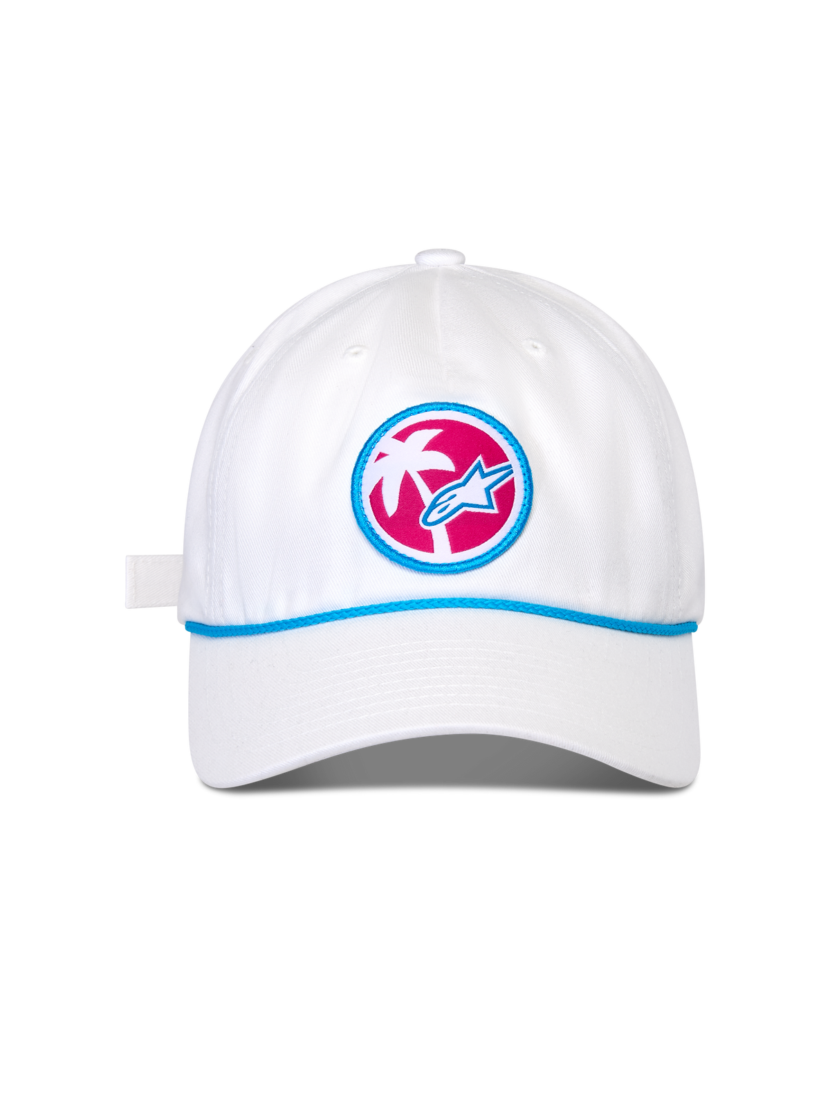 Alpinestars Calipalm Strapback kasket, hvid baseballkasket, buet skygge med blå snore-detalje, cirkulært frontmærke med pink baggrund, hvidt palmetræ og blåt Astars-logo, afslappet sportswear-hovedbeklædning
