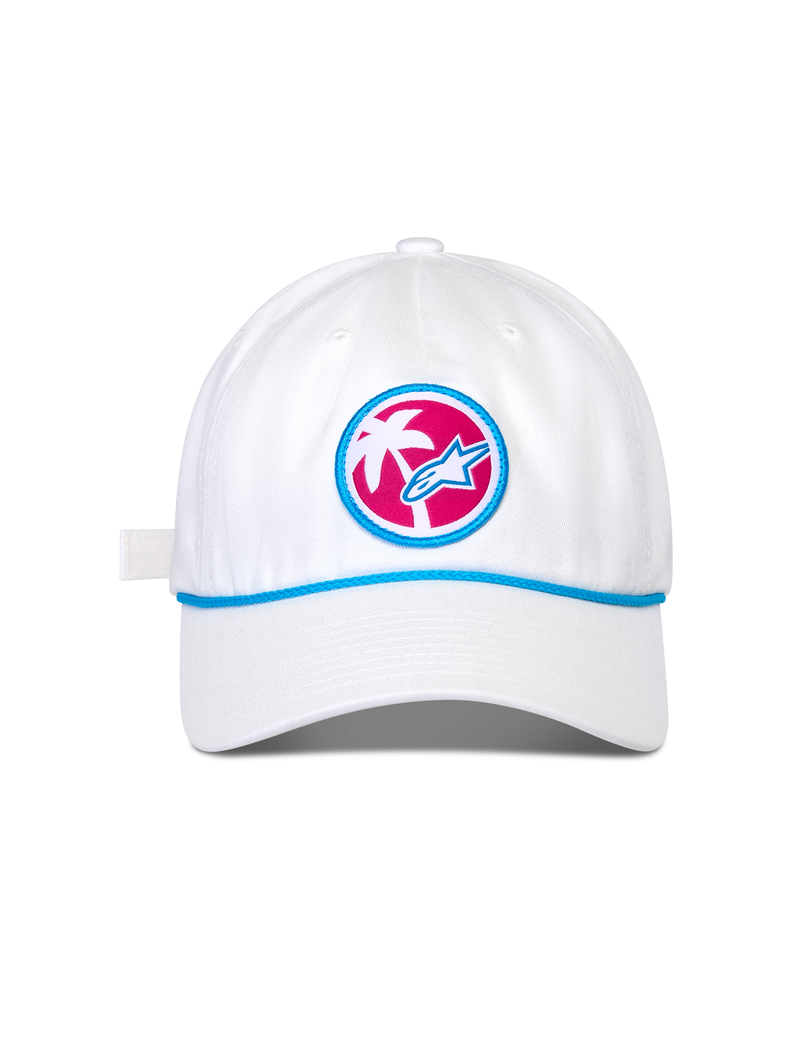 Alpinestars Calipalm Strapback kasket, hvid baseballkasket, buet skygge med blå snore-detalje, cirkulært frontmærke med pink baggrund, hvidt palmetræ og blåt Astars-logo, afslappet sportswear-hovedbeklædning