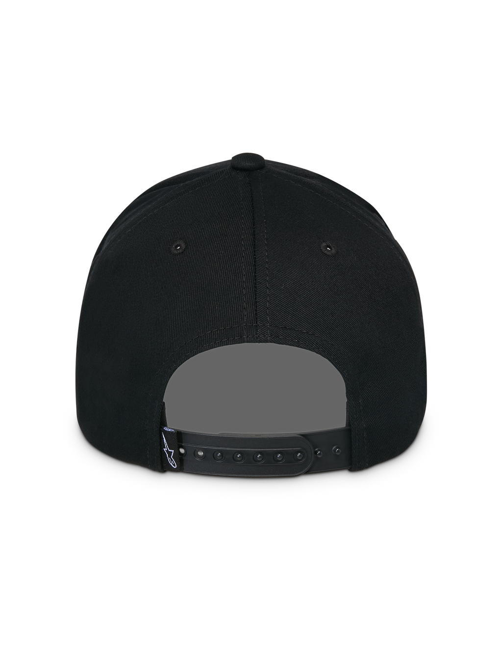 Alpinestars Lucid Snapback kasket, sort, set bagfra, med justerbar snapback-lukning og lille Astars logo-mærke, struktureret krone, afslappet motorsport-inspireret hovedbeklædning