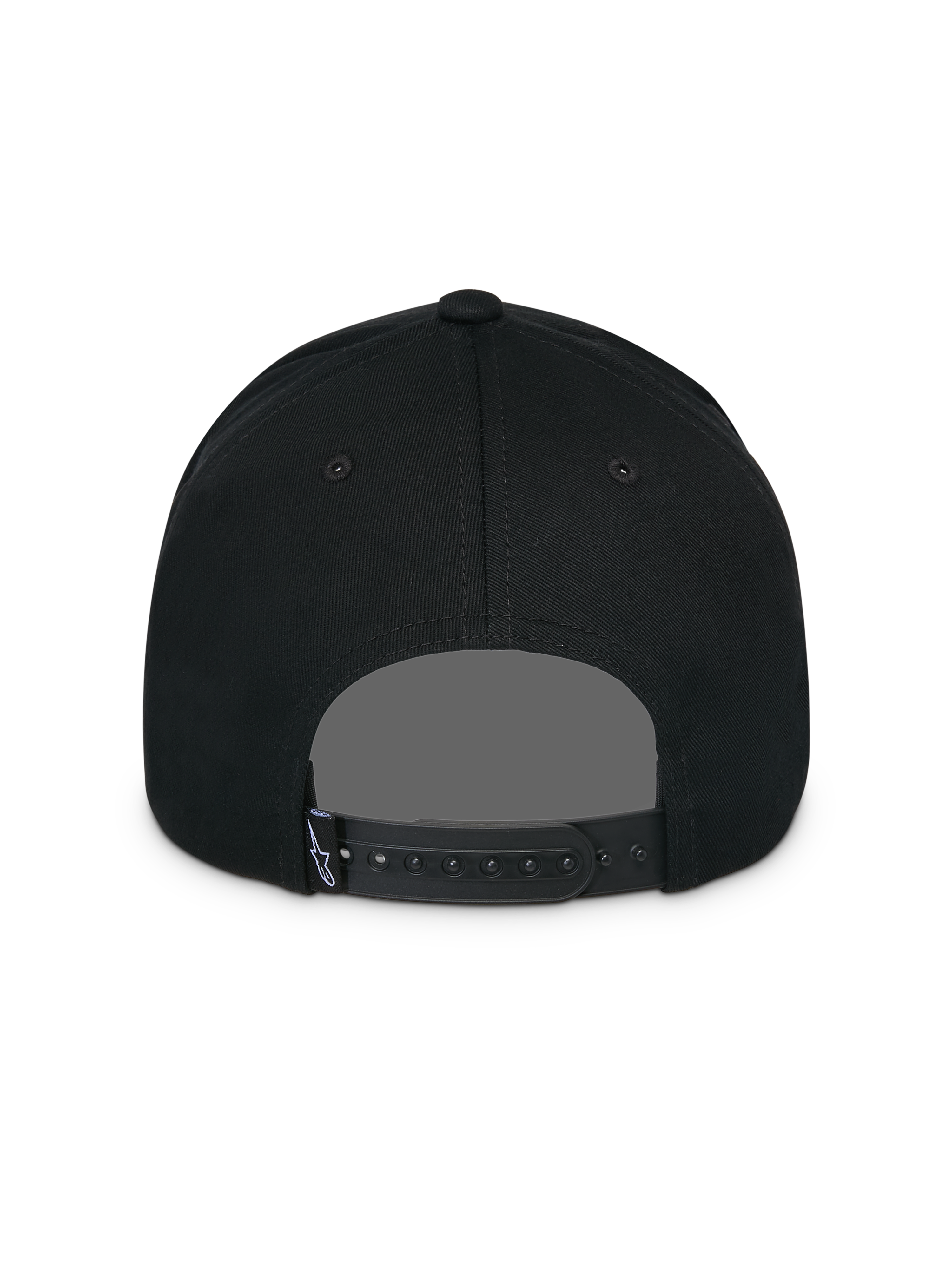 Alpinestars Lucid Snapback kasket, sort, set bagfra, med justerbar snapback-lukning og lille Astars logo-mærke, struktureret krone, afslappet motorsport-inspireret hovedbeklædning
