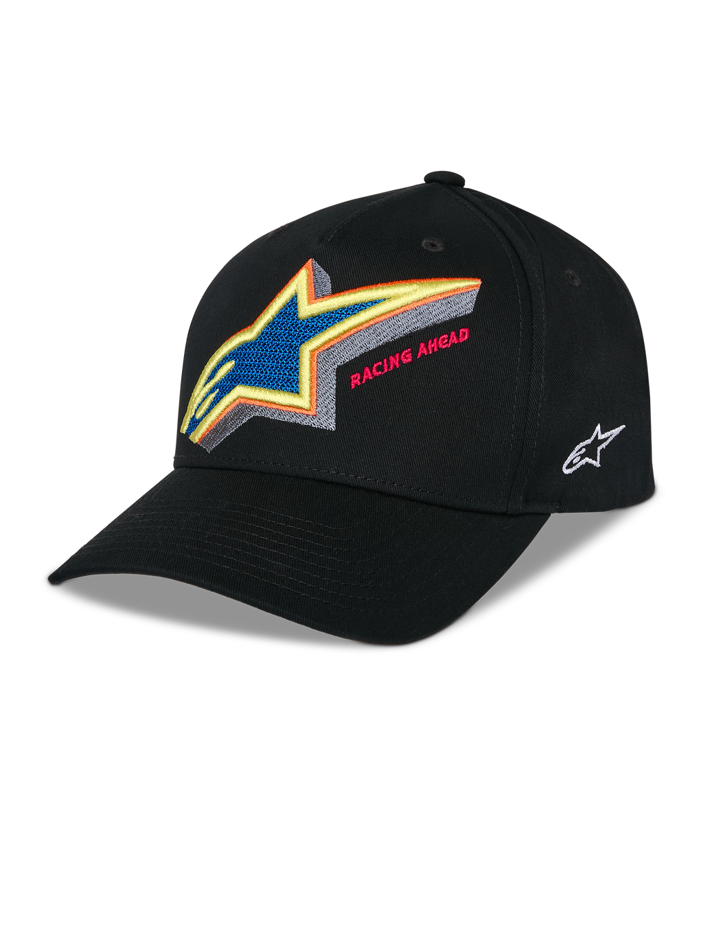 Alpinestars Lucid Snapback kasket, sort struktureret baseballkasket, levende flerfarvet broderet Astars-logo med 'Racing Ahead'-tekst på forsiden, buet skygge, hvidt broderet logo på siden, afslappet motorsport-hovedbeklædning