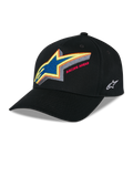 Alpinestars Lucid Snapback kasket, sort struktureret baseballkasket, levende flerfarvet broderet Astars-logo med 'Racing Ahead'-tekst på forsiden, buet skygge, hvidt broderet logo på siden, afslappet motorsport-hovedbeklædning