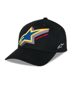 Alpinestars Lucid Snapback kasket, sort struktureret baseballkasket, levende flerfarvet broderet Astars-logo med 'Racing Ahead'-tekst på forsiden, buet skygge, hvidt broderet logo på siden, afslappet motorsport-hovedbeklædning