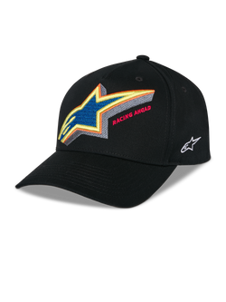Alpinestars Lucid Snapback kasket, sort struktureret baseballkasket, levende flerfarvet broderet Astars-logo med 'Racing Ahead'-tekst på forsiden, buet skygge, hvidt broderet logo på siden, afslappet motorsport-hovedbeklædning