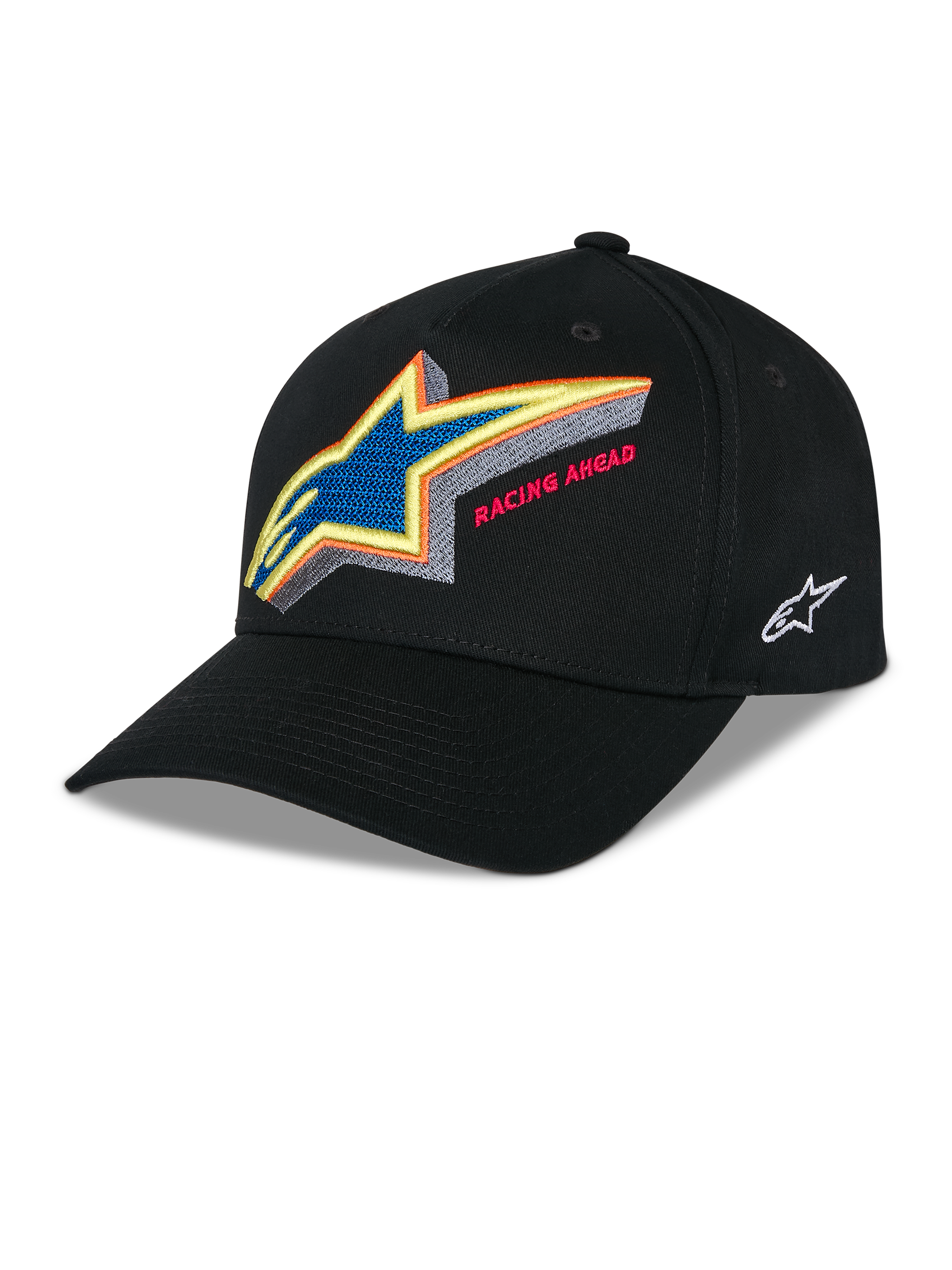 Alpinestars Lucid Snapback kasket, sort struktureret baseballkasket, levende flerfarvet broderet Astars-logo med 'Racing Ahead'-tekst på forsiden, buet skygge, hvidt broderet logo på siden, afslappet motorsport-hovedbeklædning