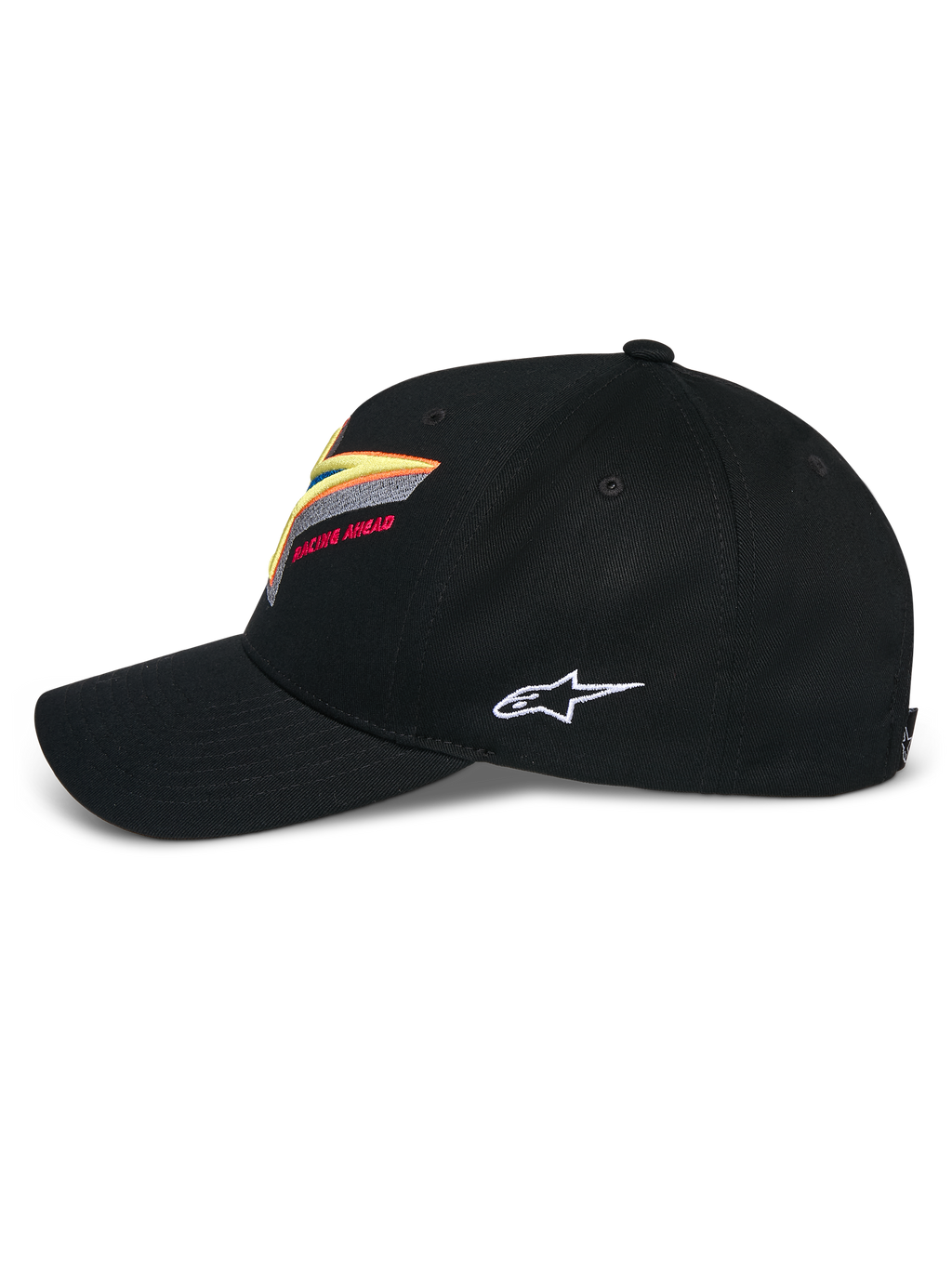 Alpinestars Lucid Snapback kasket, sort, struktureret krone med buet skygge, med levende flerfarvet Astars-logobroderi på forsiden og hvidt sidelogo, afslappet motorsport-inspireret sportstøj