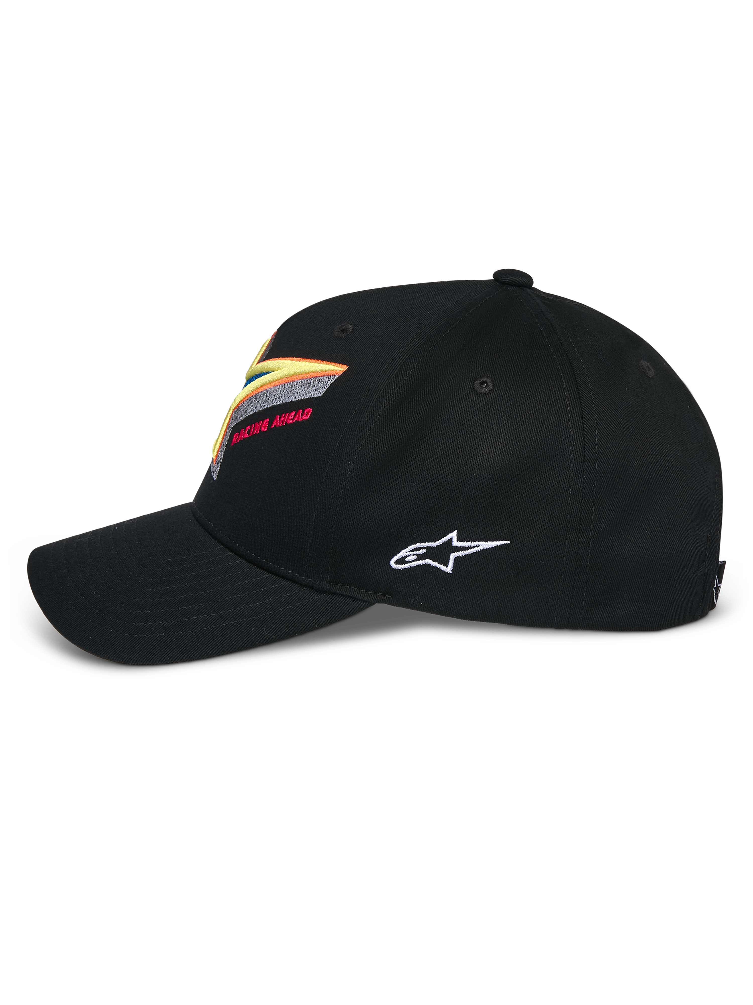 Alpinestars Lucid Snapback kasket, sort, struktureret krone med buet skygge, med levende flerfarvet Astars-logobroderi på forsiden og hvidt sidelogo, afslappet motorsport-inspireret sportstøj