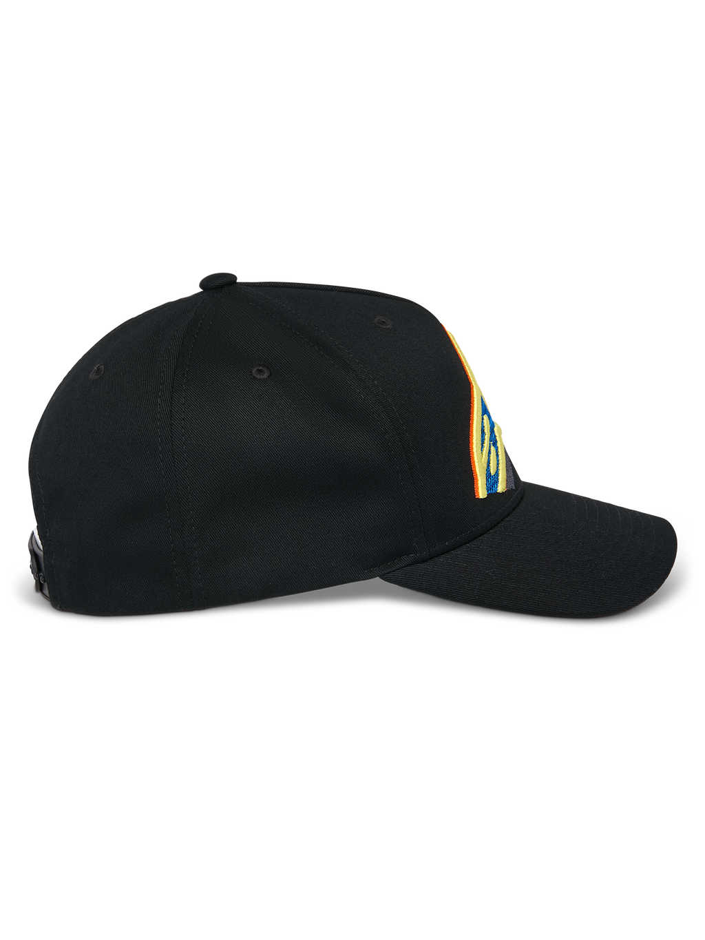 Alpinestars Lucid Snapback kasket, sort, profilvisning fra siden, buet skygge med struktureret krone, levende flerfarvet logo-broderi, 100 % bomuldstwill