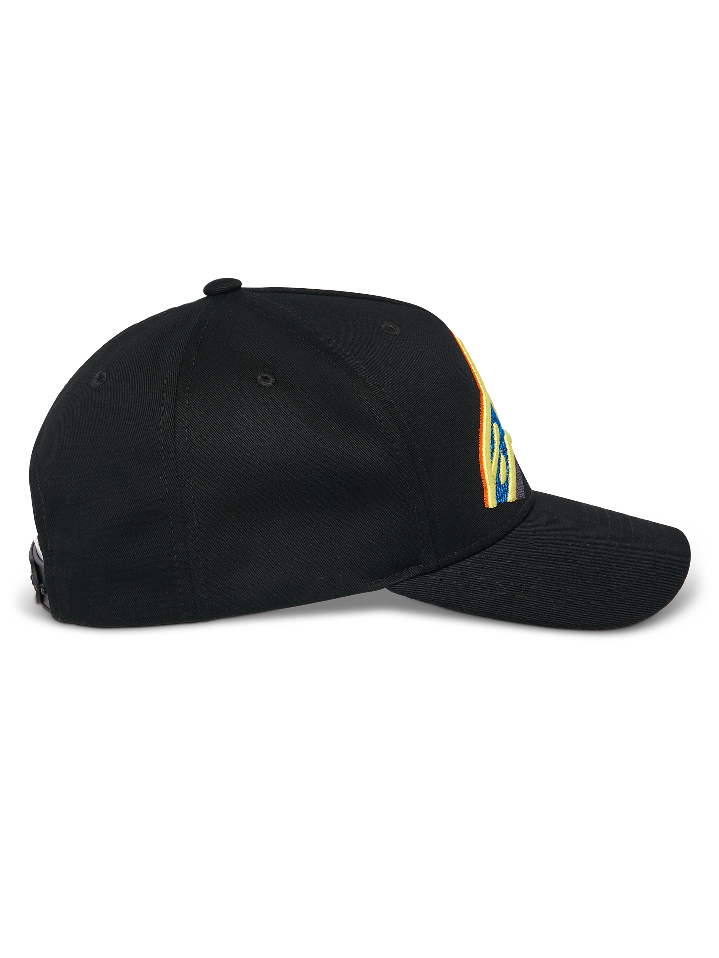 Alpinestars Lucid Snapback kasket, sort, profilvisning fra siden, buet skygge med struktureret krone, levende flerfarvet logo-broderi, 100 % bomuldstwill