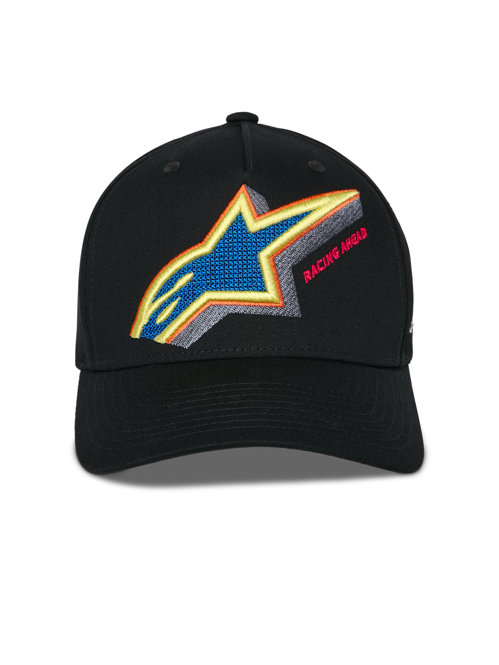 Alpinestars Lucid Snapback kasket, sort, set forfra, livligt flerfarvet Astars-logobroderi med Racing Ahead-tekst, buet skygge og struktureret krone, afslappet sportswear-hovedbeklædning