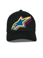 Alpinestars Lucid Snapback kasket, sort, set forfra, livligt flerfarvet Astars-logobroderi med Racing Ahead-tekst, buet skygge og struktureret krone, afslappet sportswear-hovedbeklædning