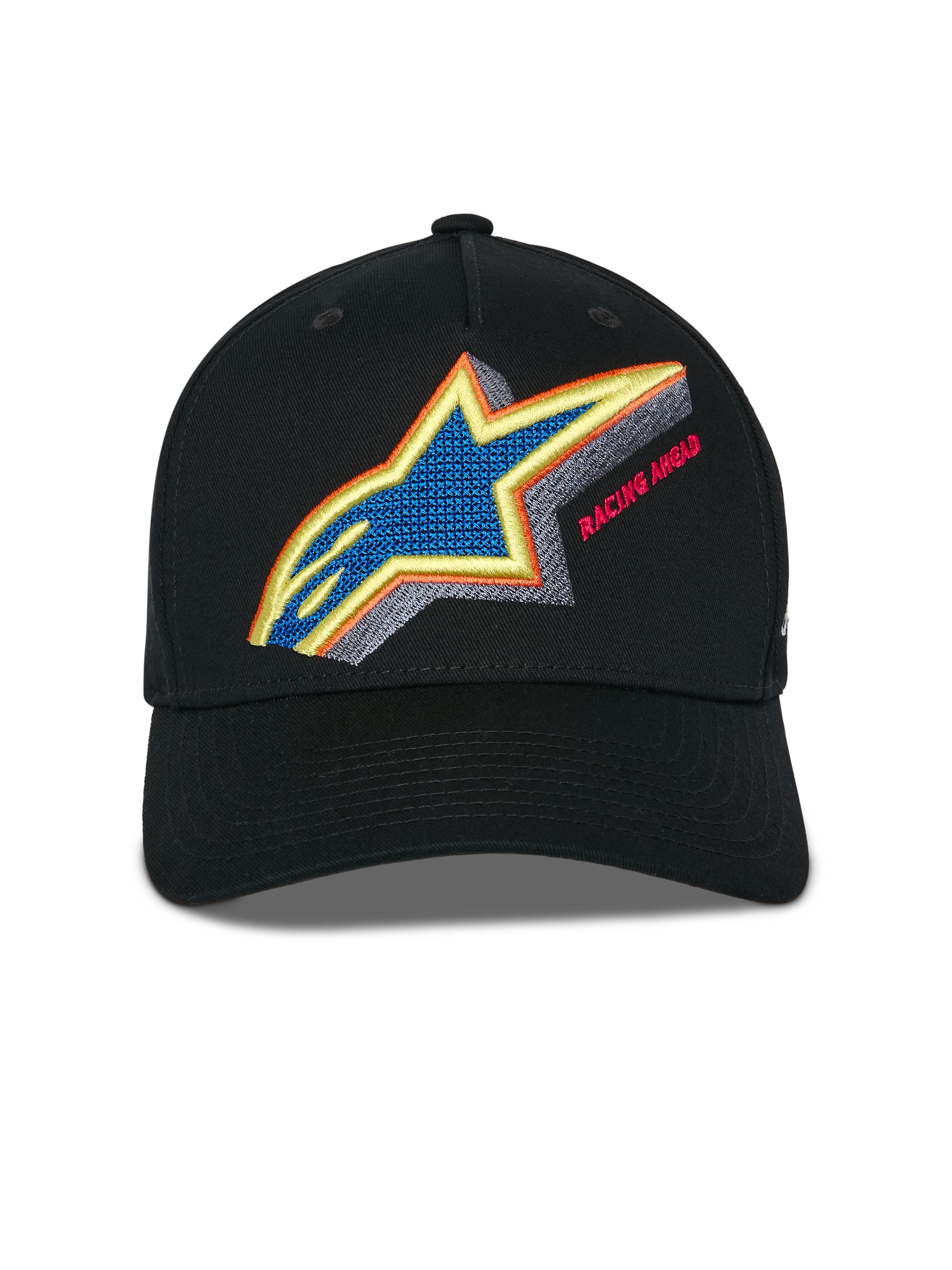 Alpinestars Lucid Snapback kasket, sort, set forfra, livligt flerfarvet Astars-logobroderi med Racing Ahead-tekst, buet skygge og struktureret krone, afslappet sportswear-hovedbeklædning
