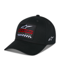 Alpinestars Matrix Snapback Hat, Black, curved bill with structured crown, front multi-color embroidery patch with Alpinestars logo, red branding, and checkered pattern, side embroidered logo, casual motorsport headwear