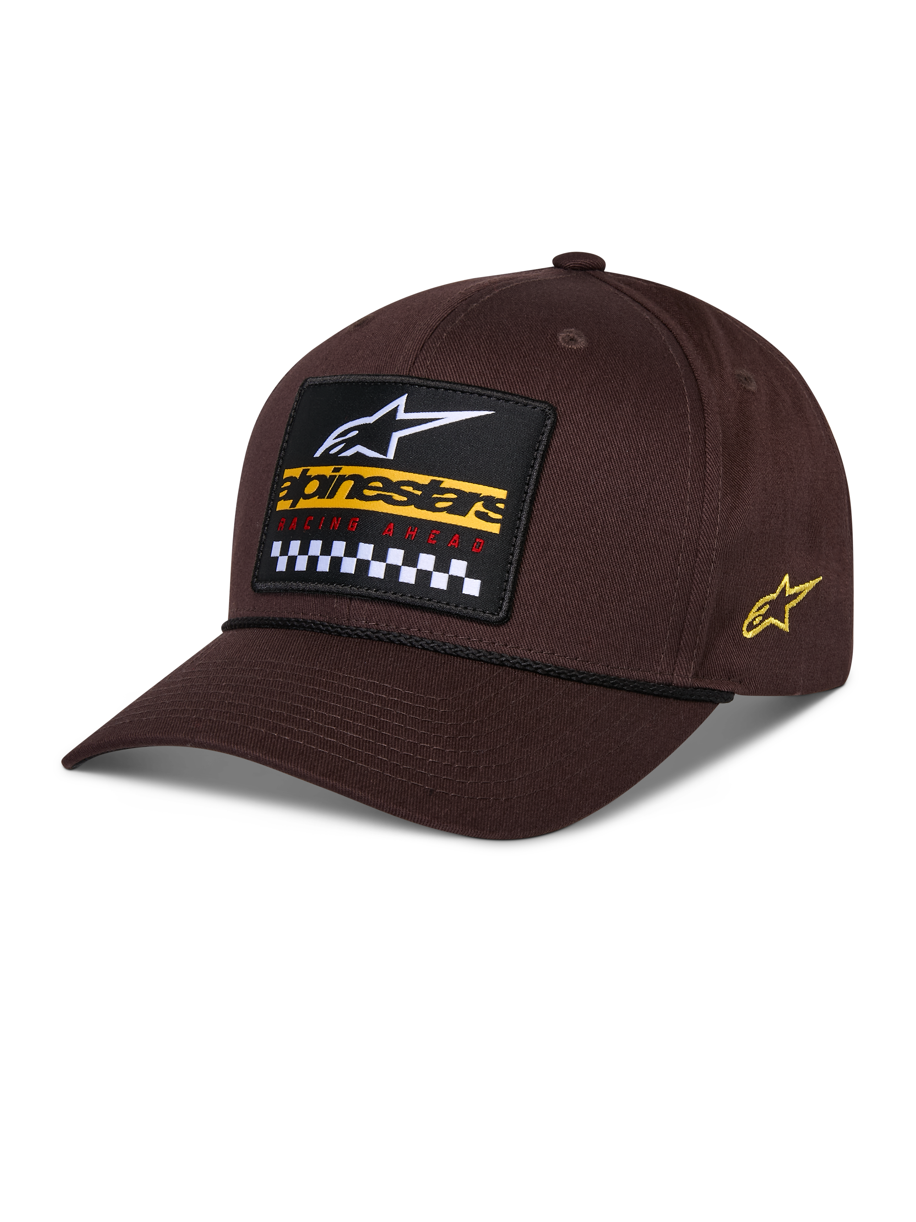 Alpinestars Matrix Snapback-kasket, brun, med broderet mærke på forsiden med hvidt logo, gul branding og ternet mønster, Astars-logo på siden, buet skygge, afslappet sportstøj