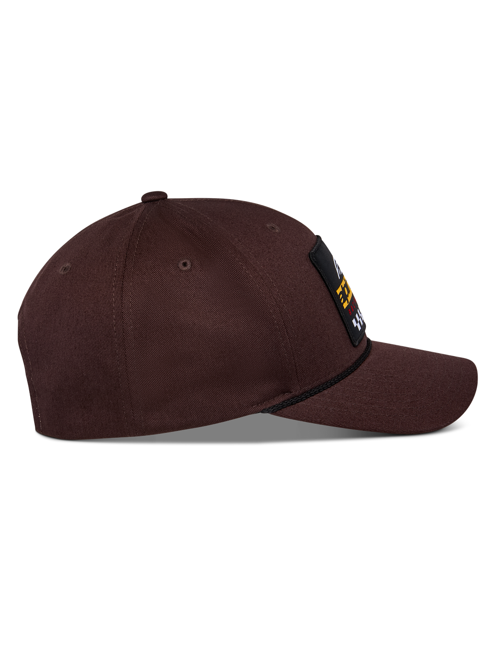 Alpinestars Matrix Snapback kasket, mørkebrun, sidevisning med buet skygge, struktureret krone og logomærke på fronten med snore-detalje, afslappet motorsport-inspireret hovedbeklædning