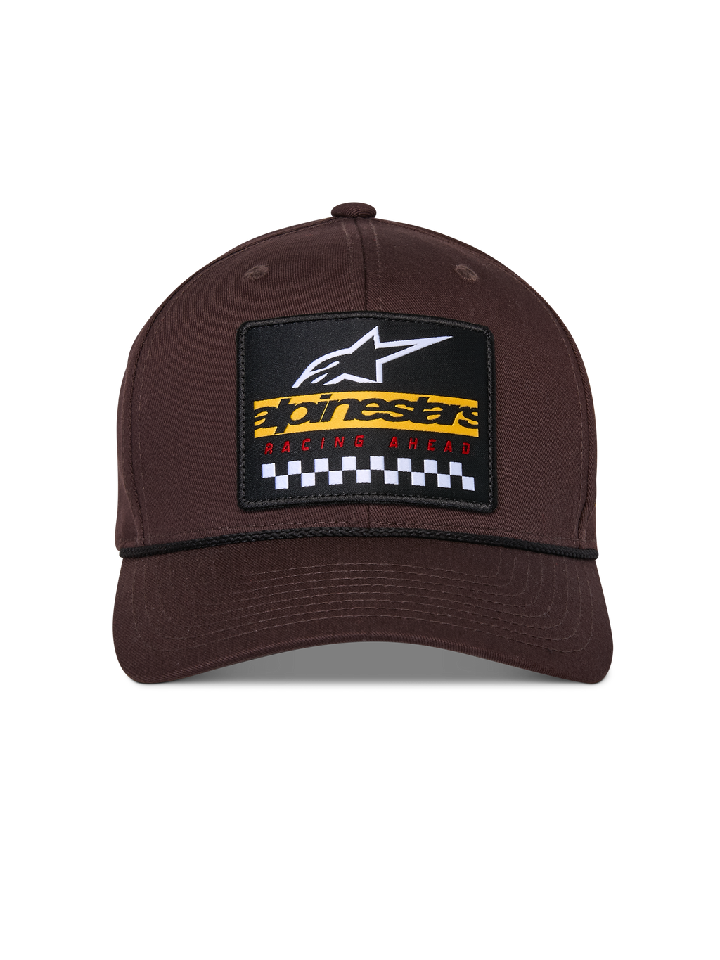 Alpinestars Matrix Snapback kasket, brun, set forfra med struktureret krone og buet skygge, flerfarvet broderet lap med Alpinestars-branding og ternet racermotiv, sort snore-detalje, afslappet motorsport-inspireret hovedbeklædning