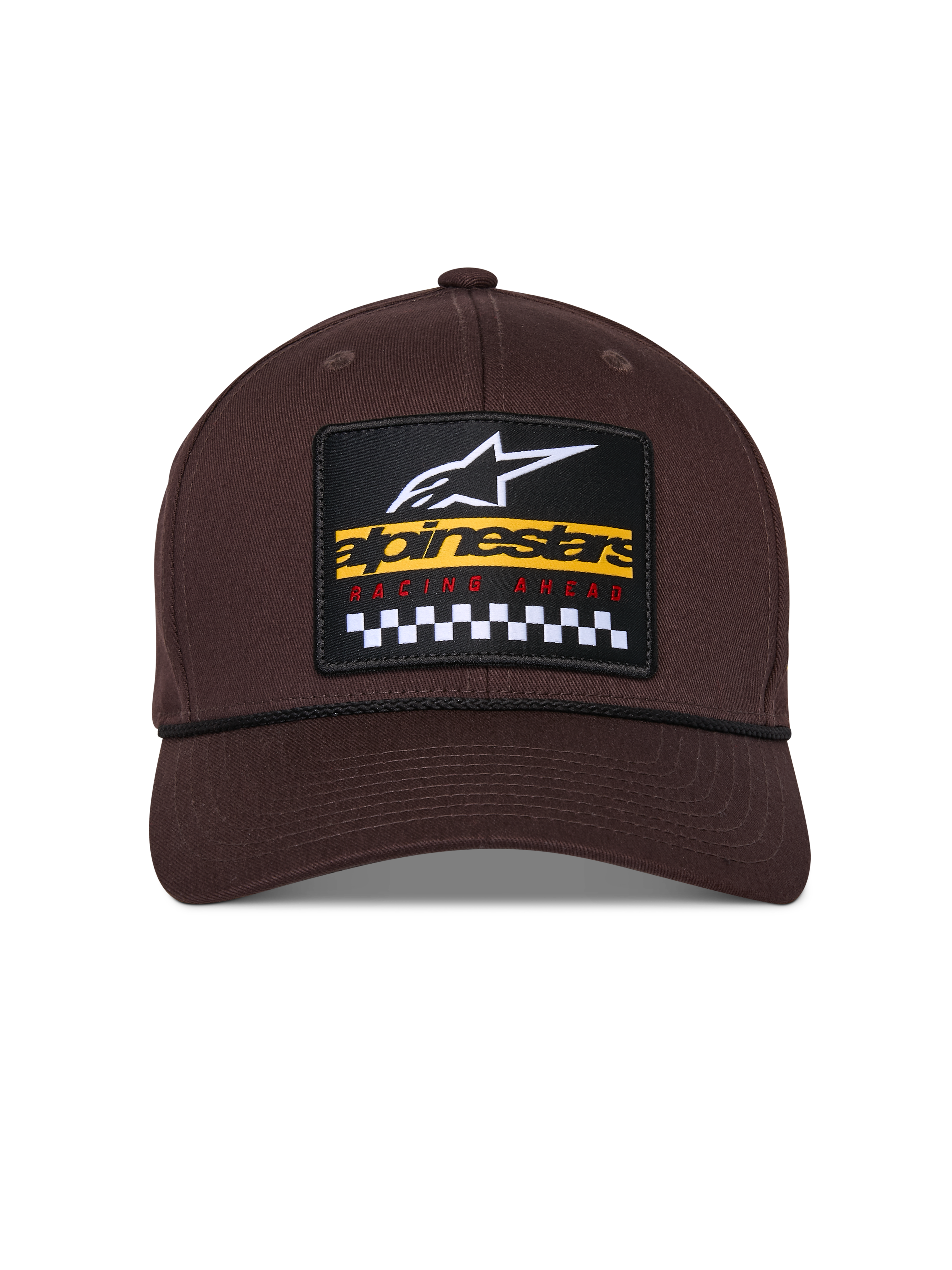 Alpinestars Matrix Snapback kasket, brun, set forfra med struktureret krone og buet skygge, flerfarvet broderet lap med Alpinestars-branding og ternet racermotiv, sort snore-detalje, afslappet motorsport-inspireret hovedbeklædning