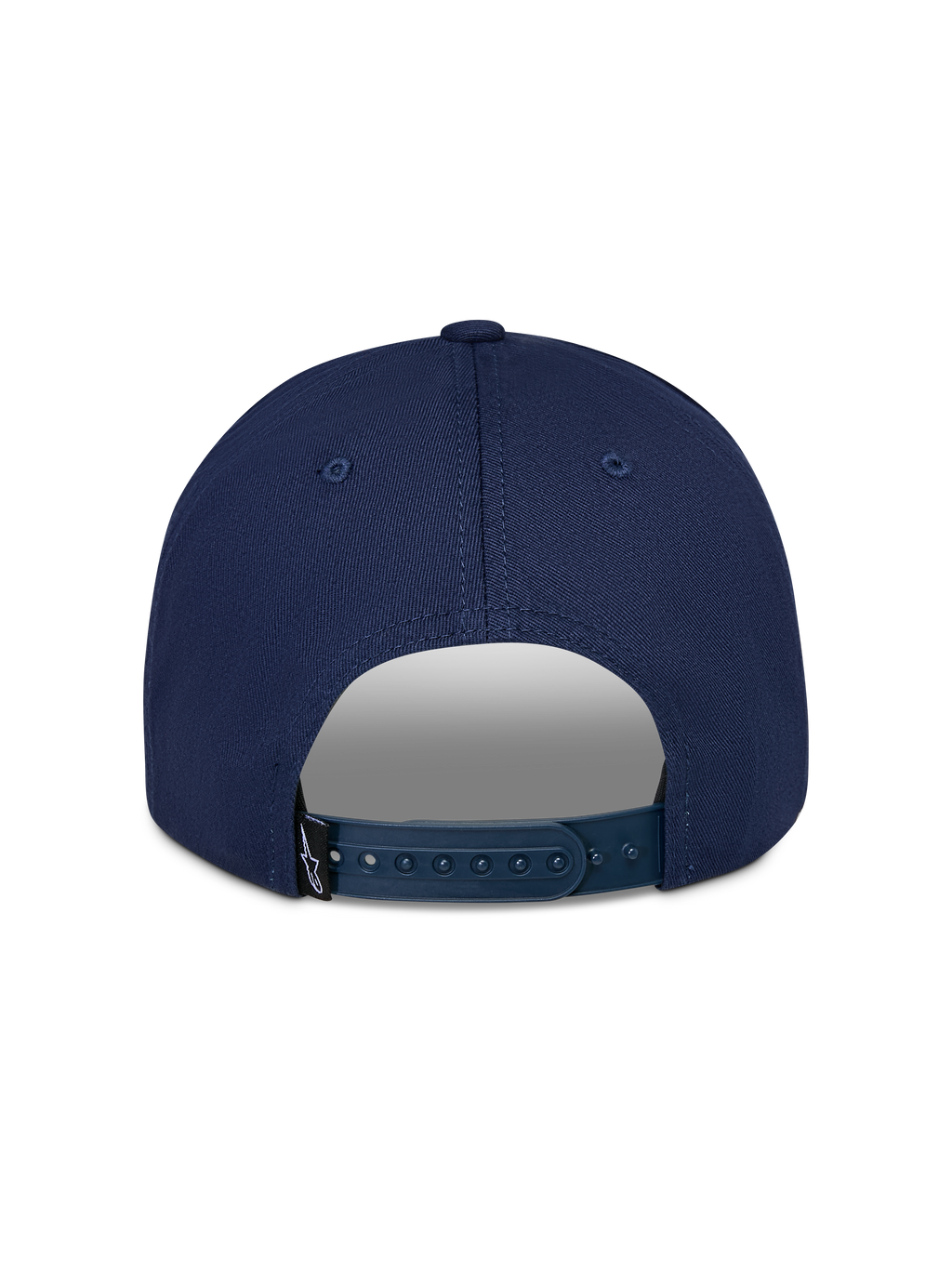 Alpinestars Trifecta Snapback kasket, mørkeblå, set bagfra med justerbar snapback-lukning, lille sort logomærke, slidstærkt bomuldstwill, afslappet motorsport-streetwear