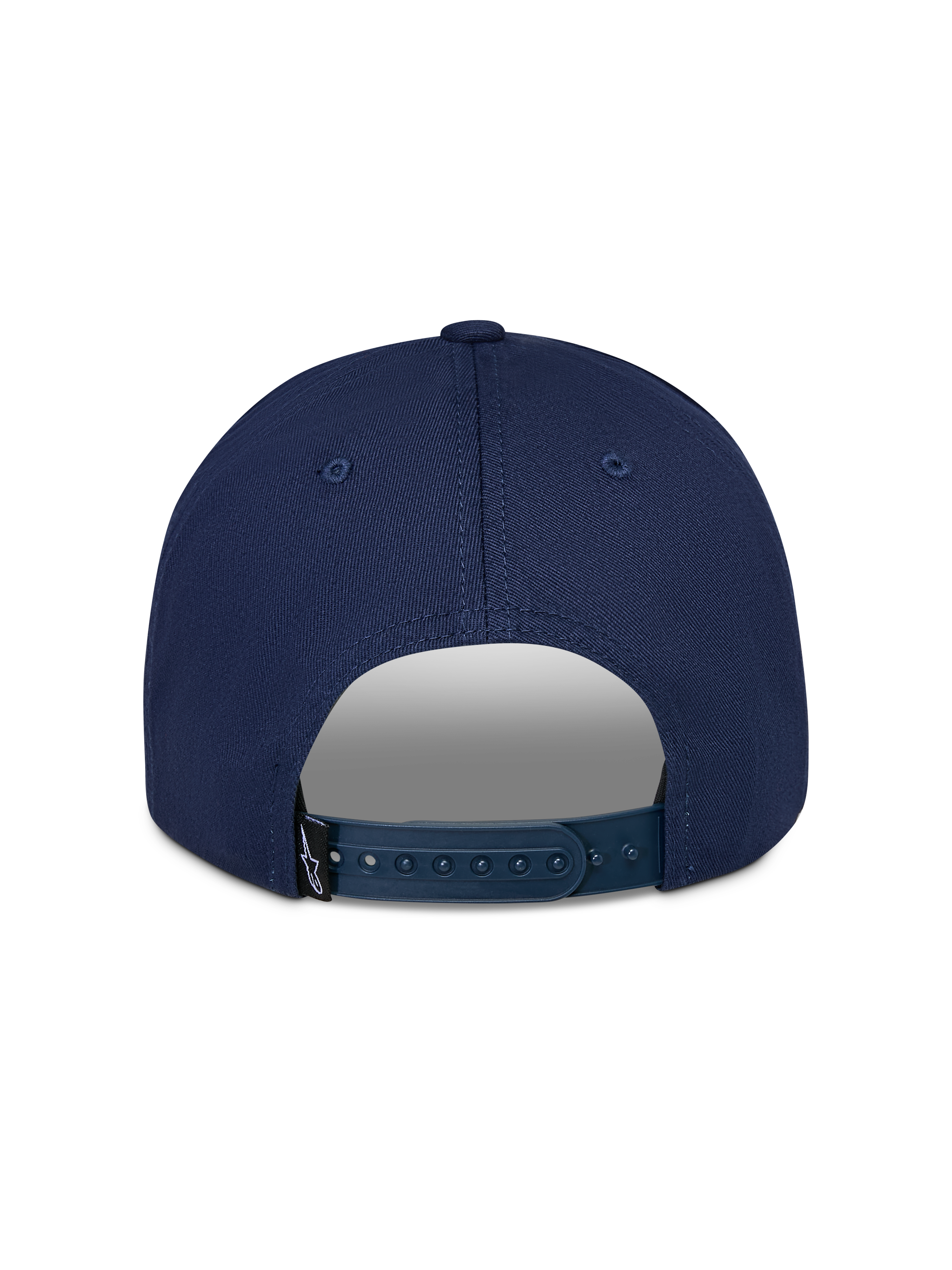 Alpinestars Trifecta Snapback kasket, mørkeblå, set bagfra med justerbar snapback-lukning, lille sort logomærke, slidstærkt bomuldstwill, afslappet motorsport-streetwear
