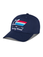 Alpinestars Trifecta Snapback kasket, mørkeblå, buet skygge med struktureret krone, broderet Astars-logo på fronten med røde, hvide og lyseblå striber, hvid 'Racing Ahead' og 'Goal One Vision' tekst, afslappet motorsport-hovedbeklædning