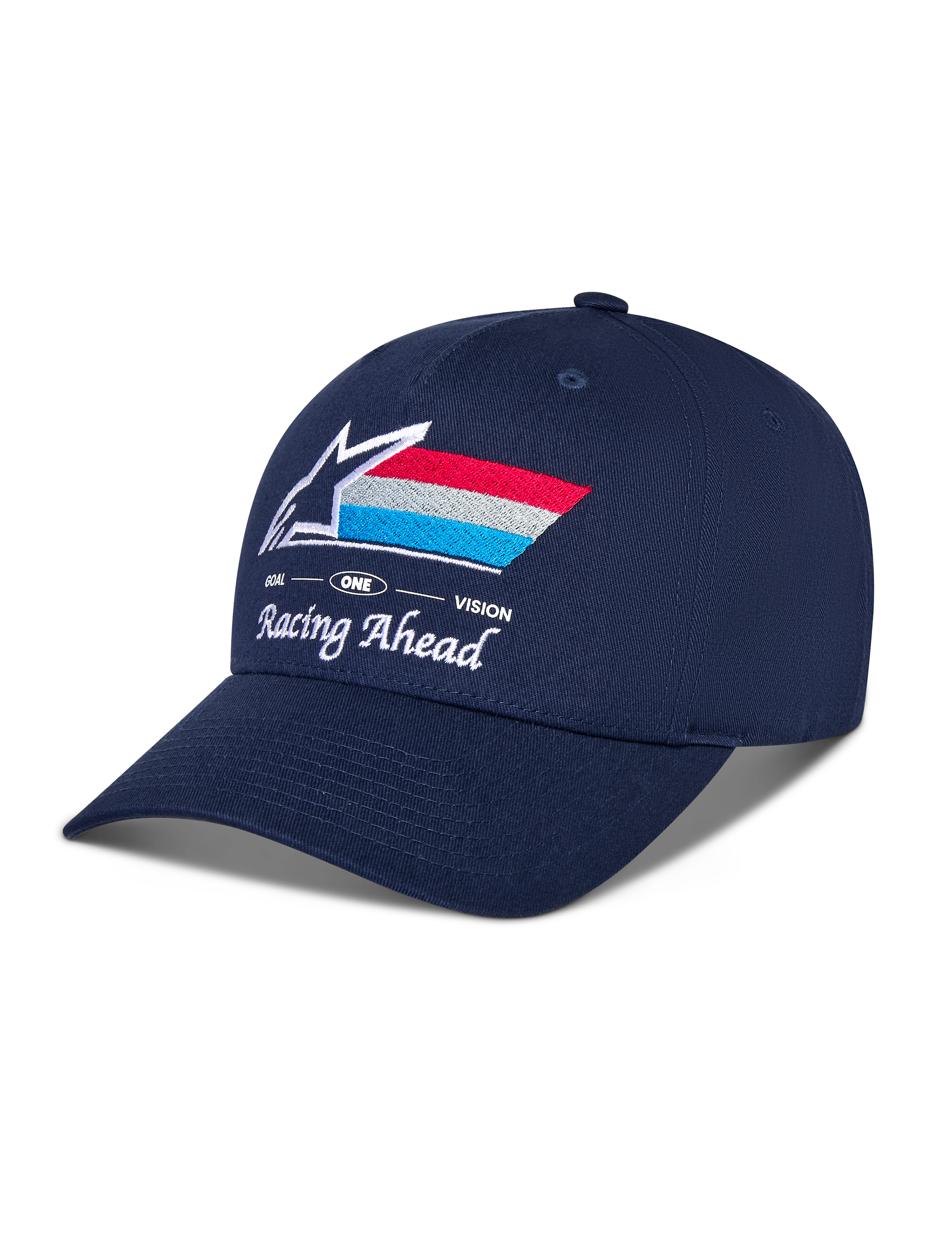 Alpinestars Trifecta Snapback kasket, mørkeblå, buet skygge med struktureret krone, broderet Astars-logo på fronten med røde, hvide og lyseblå striber, hvid 'Racing Ahead' og 'Goal One Vision' tekst, afslappet motorsport-hovedbeklædning