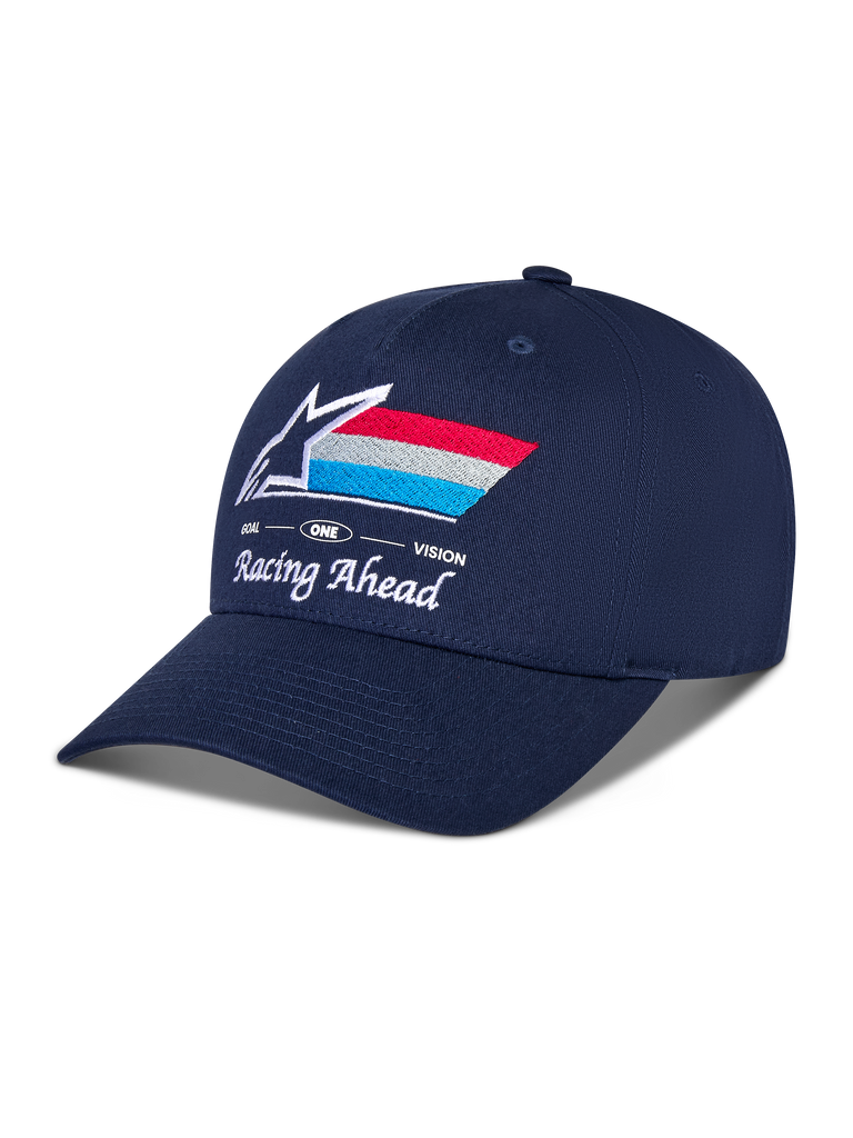 Alpinestars Trifecta Snapback kasket, mørkeblå, buet skygge med struktureret krone, broderet Astars-logo på fronten med røde, hvide og lyseblå striber, hvid 'Racing Ahead' og 'Goal One Vision' tekst, afslappet motorsport-hovedbeklædning