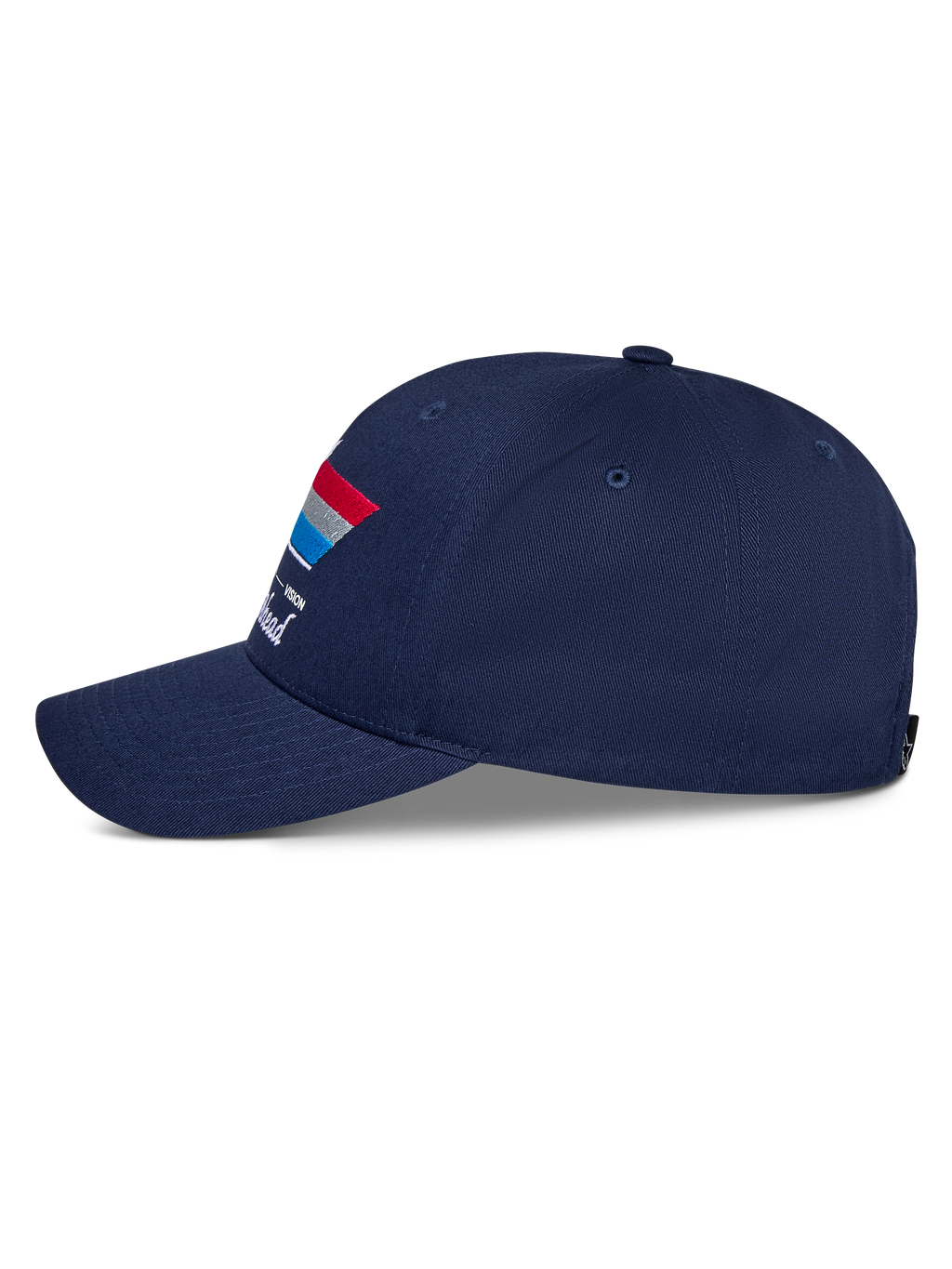 Alpinestars Trifecta Snapback kasket, marineblå, set fra siden, med buet skygge og trefarvet stribegrafik med hvid tekst, afslappet motorsport-hovedbeklædning