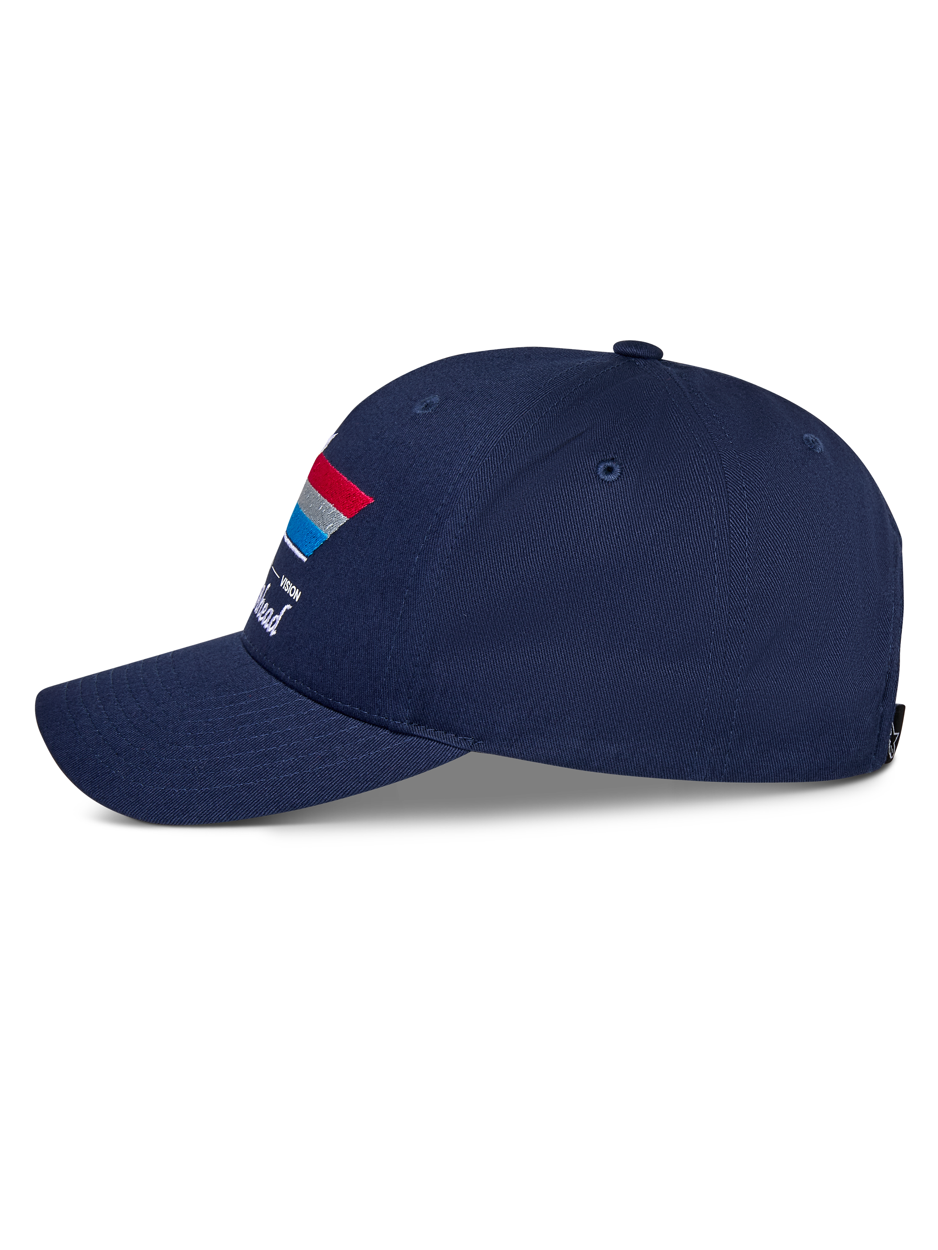 Alpinestars Trifecta Snapback kasket, marineblå, set fra siden, med buet skygge og trefarvet stribegrafik med hvid tekst, afslappet motorsport-hovedbeklædning