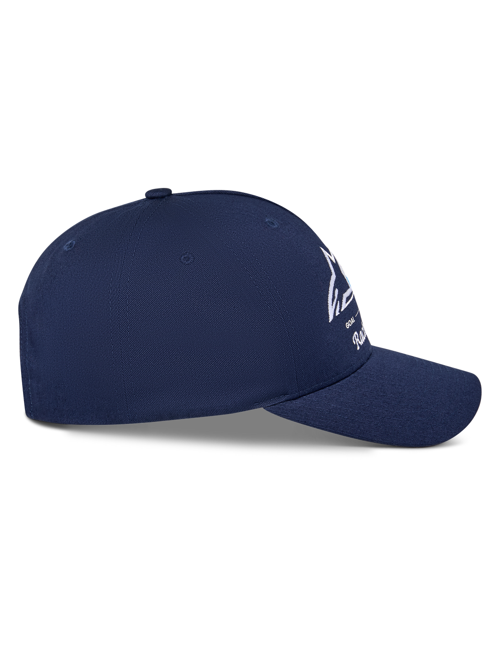 Alpinestars Trifecta Snapback-kasket, mørkeblå, sideprofil der viser buet skygge og struktureret krone, hvidt Astars-logo med trefarvede striber, bomuldstwilstof, afslappet motorsport-streetwear