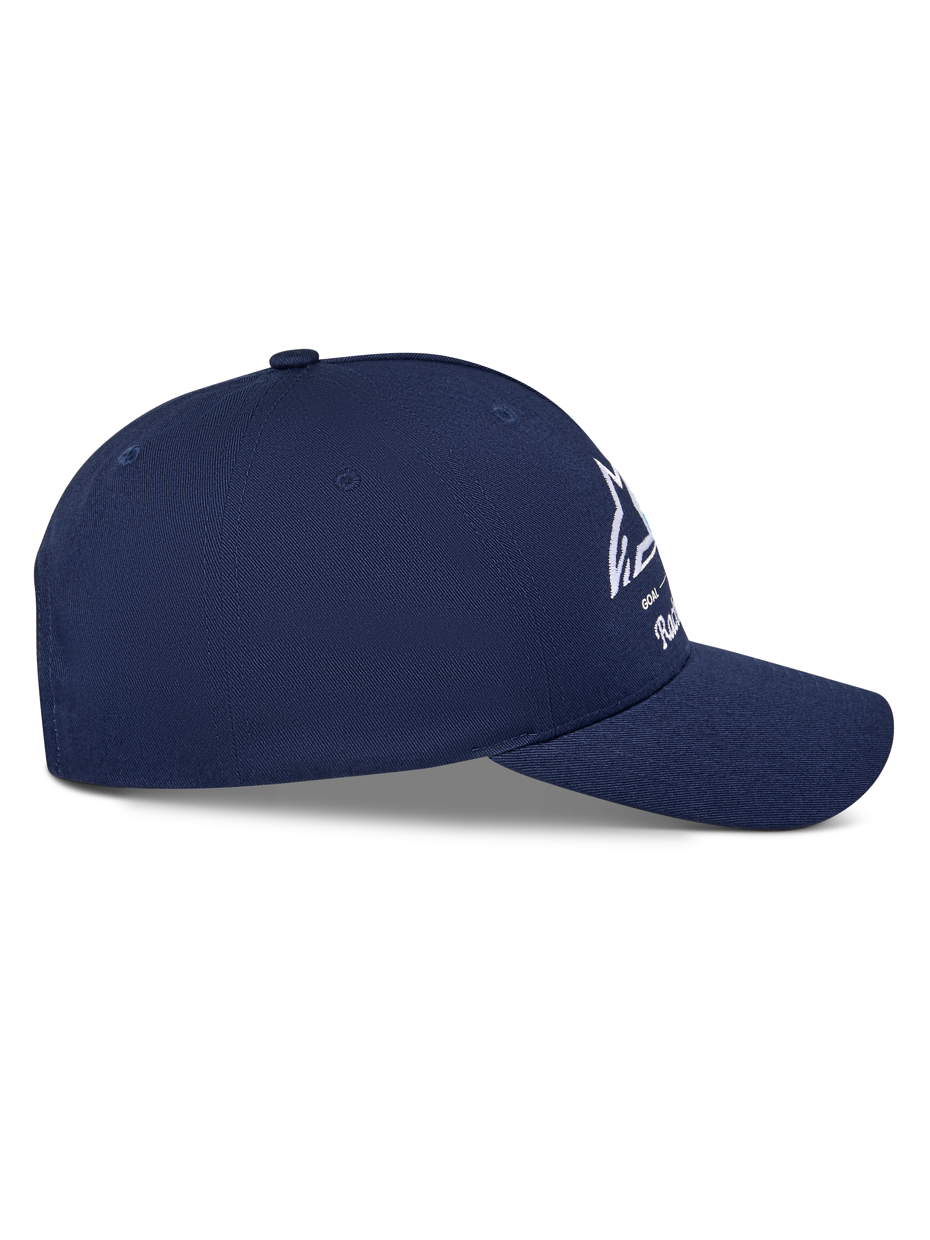 Alpinestars Trifecta Snapback-kasket, mørkeblå, sideprofil der viser buet skygge og struktureret krone, hvidt Astars-logo med trefarvede striber, bomuldstwilstof, afslappet motorsport-streetwear