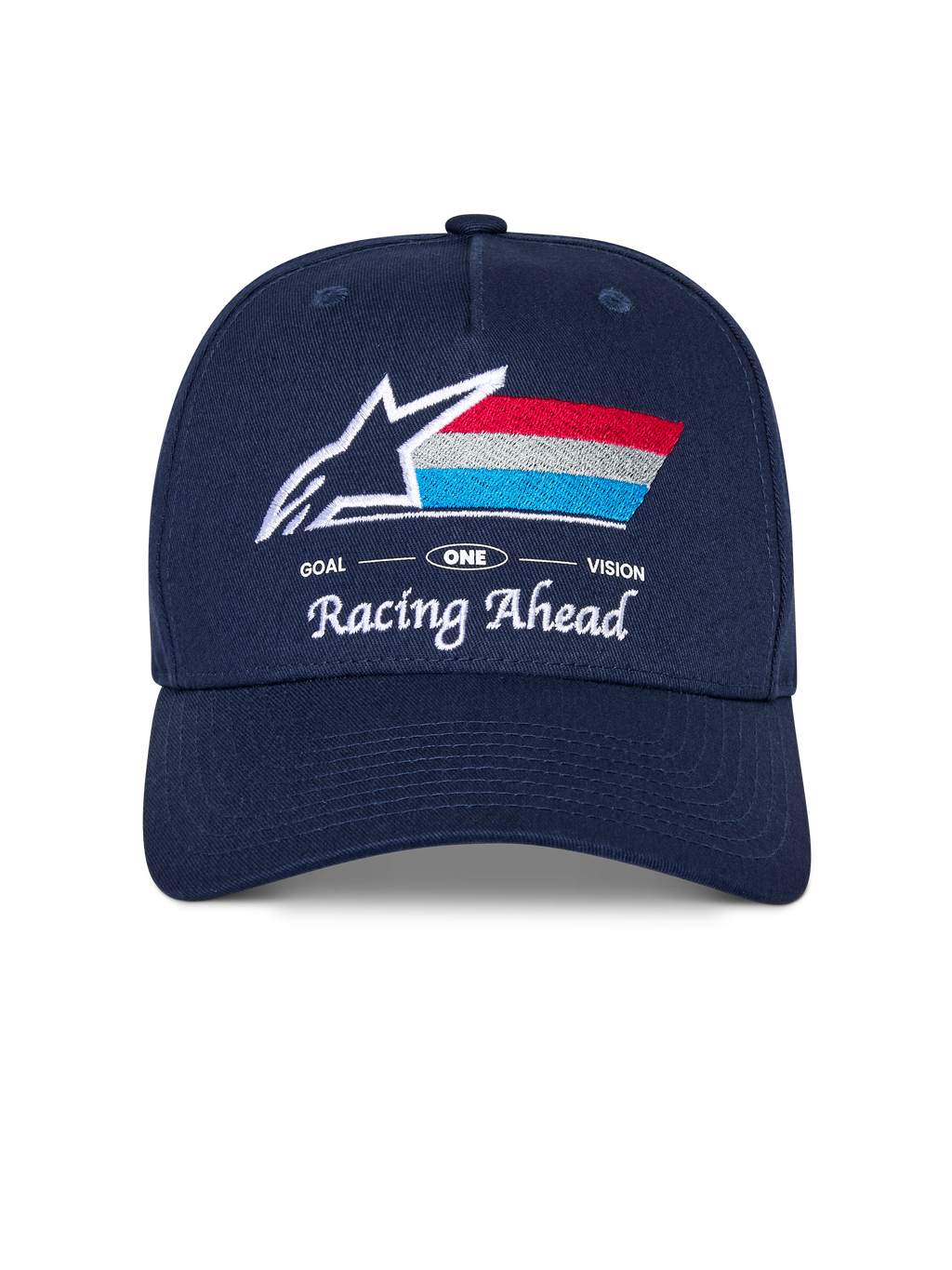 Alpinestars Trifecta Snapback kasket, mørkeblå kasket med buet skygge, broderet logo på fronten med hvid stjerne og trefarvede striber, 'Racing Ahead' og 'Goal One Vision' hvid tekst, struktureret krone, afslappet motorsport-inspireret hovedbeklædning
