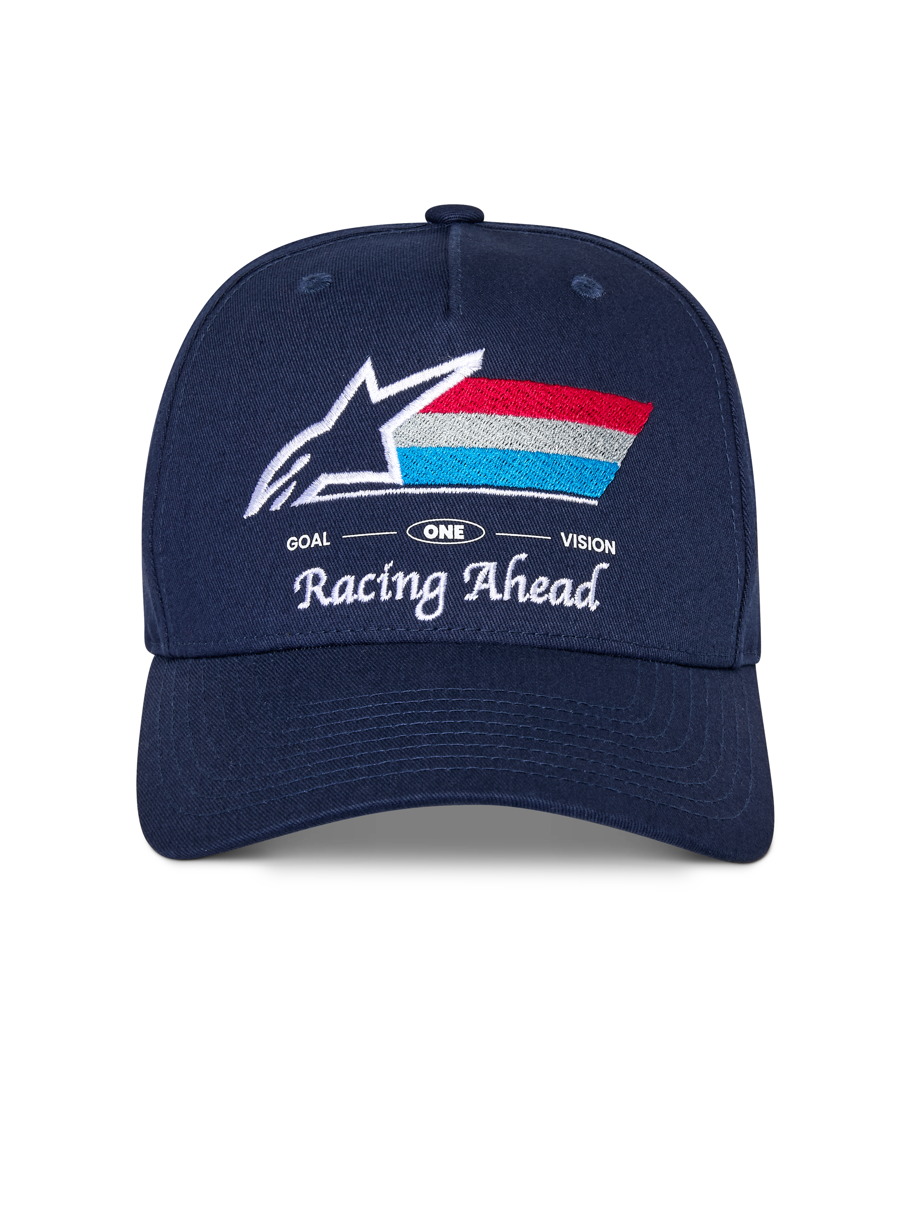 Alpinestars Trifecta Snapback kasket, mørkeblå kasket med buet skygge, broderet logo på fronten med hvid stjerne og trefarvede striber, 'Racing Ahead' og 'Goal One Vision' hvid tekst, struktureret krone, afslappet motorsport-inspireret hovedbeklædning