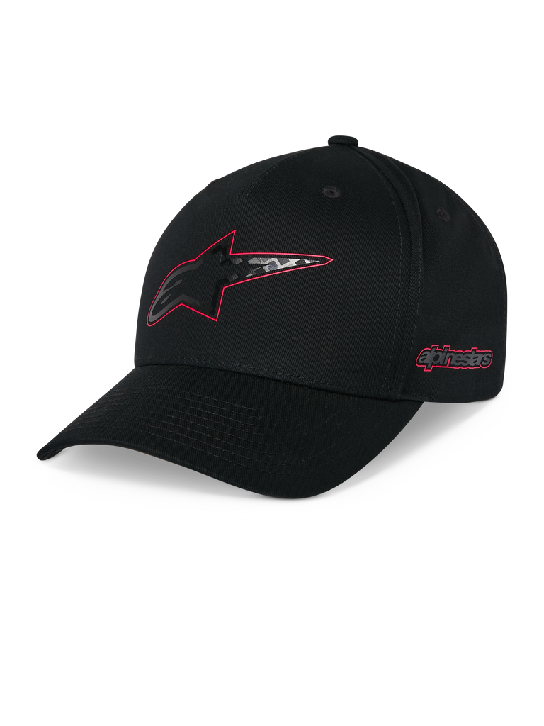 Alpinestars Carbon Fiber Snapback-kasket, sort, buet skygge med struktureret krone, Astars-logo på fronten med rød kontur og kulfiber-look, Alpinestars-ordlogo på siden i rødt, casual motorsport-hovedbeklædning