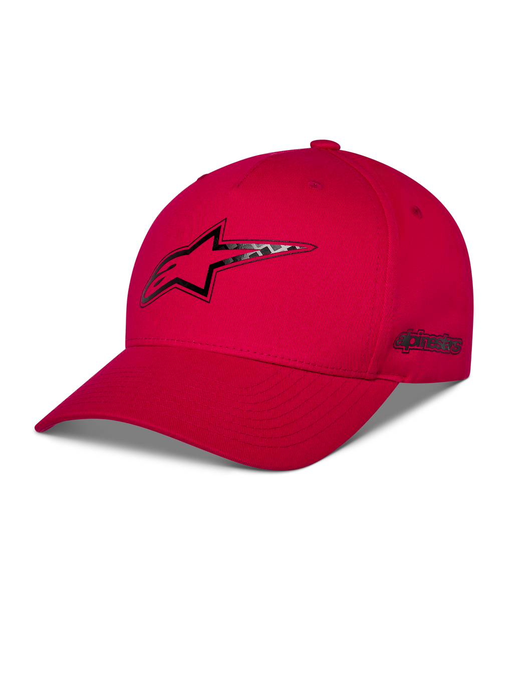 Alpinestars Carbon Fiber Snapback kasket, rød, Astars-logo på fronten og ordlogo på siden med carbon fiber-look heat transfer print, buet skygge og struktureret krone, afslappet motorsport-streetwear