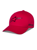 Alpinestars Carbon Fiber Snapback kasket, rød, Astars-logo på fronten og ordlogo på siden med carbon fiber-look heat transfer print, buet skygge og struktureret krone, afslappet motorsport-streetwear