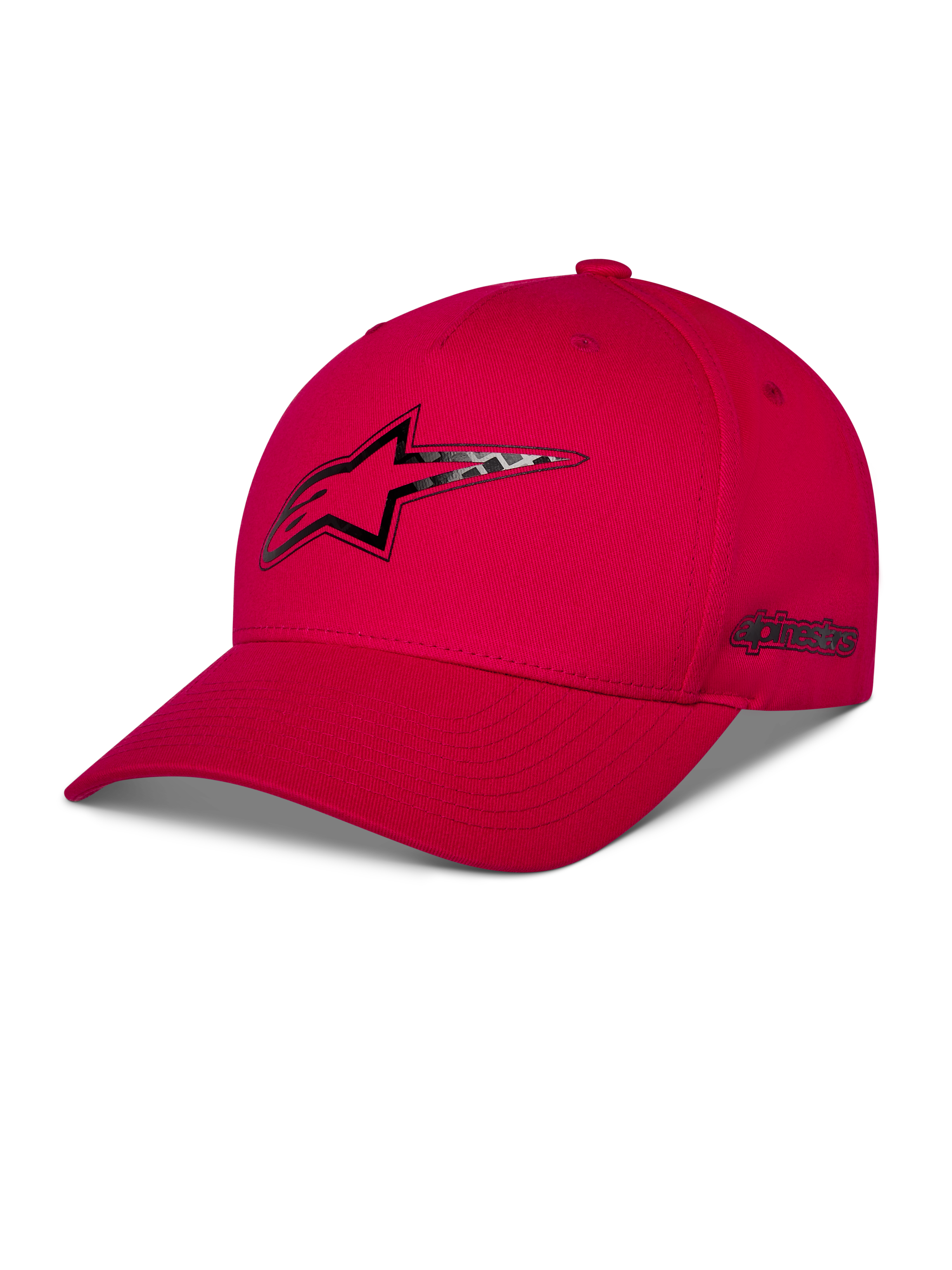 Alpinestars Carbon Fiber Snapback kasket, rød, Astars-logo på fronten og ordlogo på siden med carbon fiber-look heat transfer print, buet skygge og struktureret krone, afslappet motorsport-streetwear