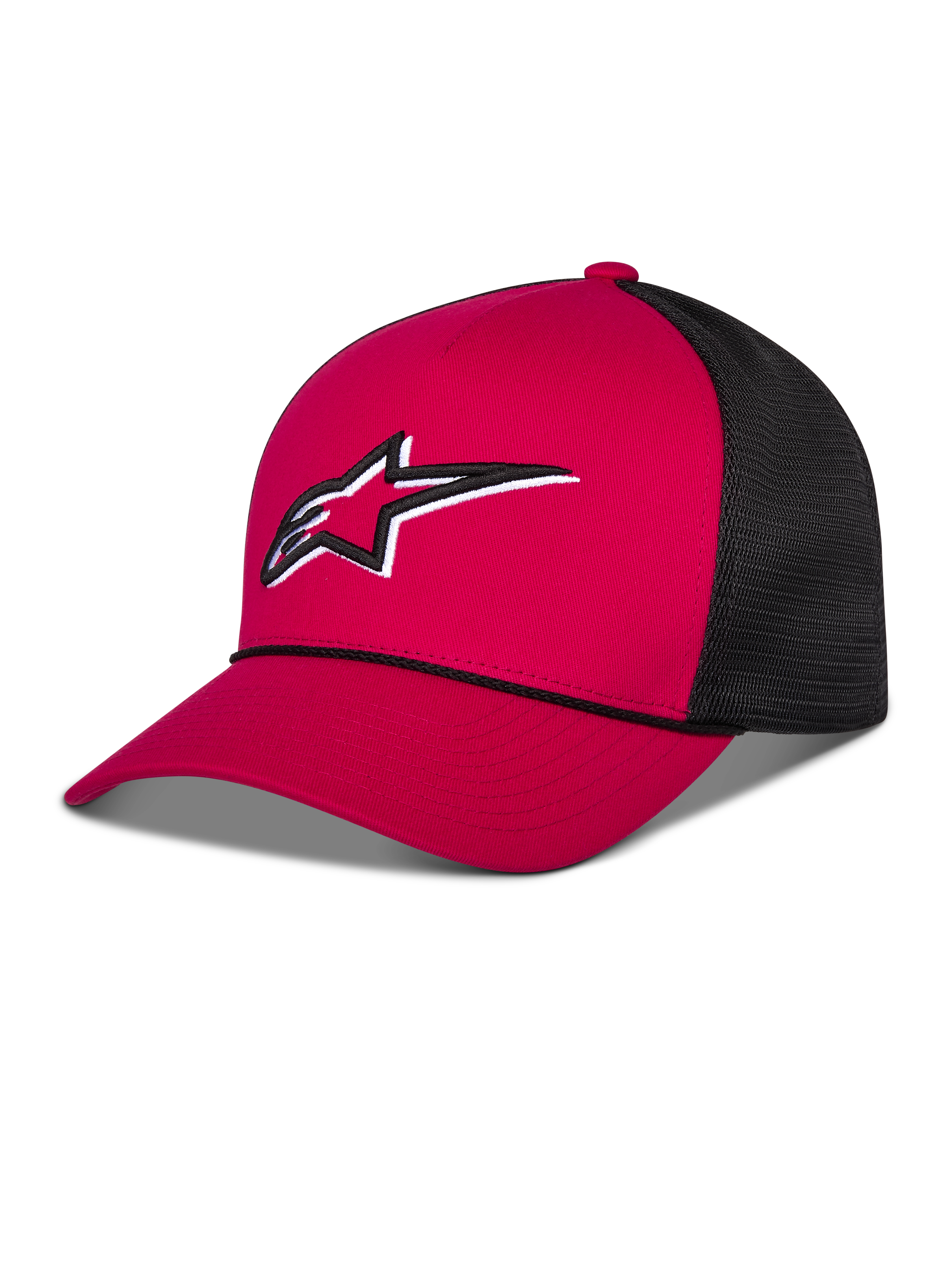 Alpinestars Ageless Shadow Trucker kasket, rød og sort, med rød struktureret krone og buet skygge, sorte mesh-paneler bagpå, hvidt og sort broderet Astars-logo på forsiden, afslappet motorsport-inspireret hovedbeklædning