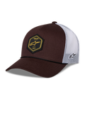 Alpinestars Hexeon Trucker kasket, brun og hvid, buet skygge med struktureret mørkebrun forside og hvid mesh-bagside, sort hexagon-mærke foran med gult logo, broderet logo på siden, klassisk trucker-stil