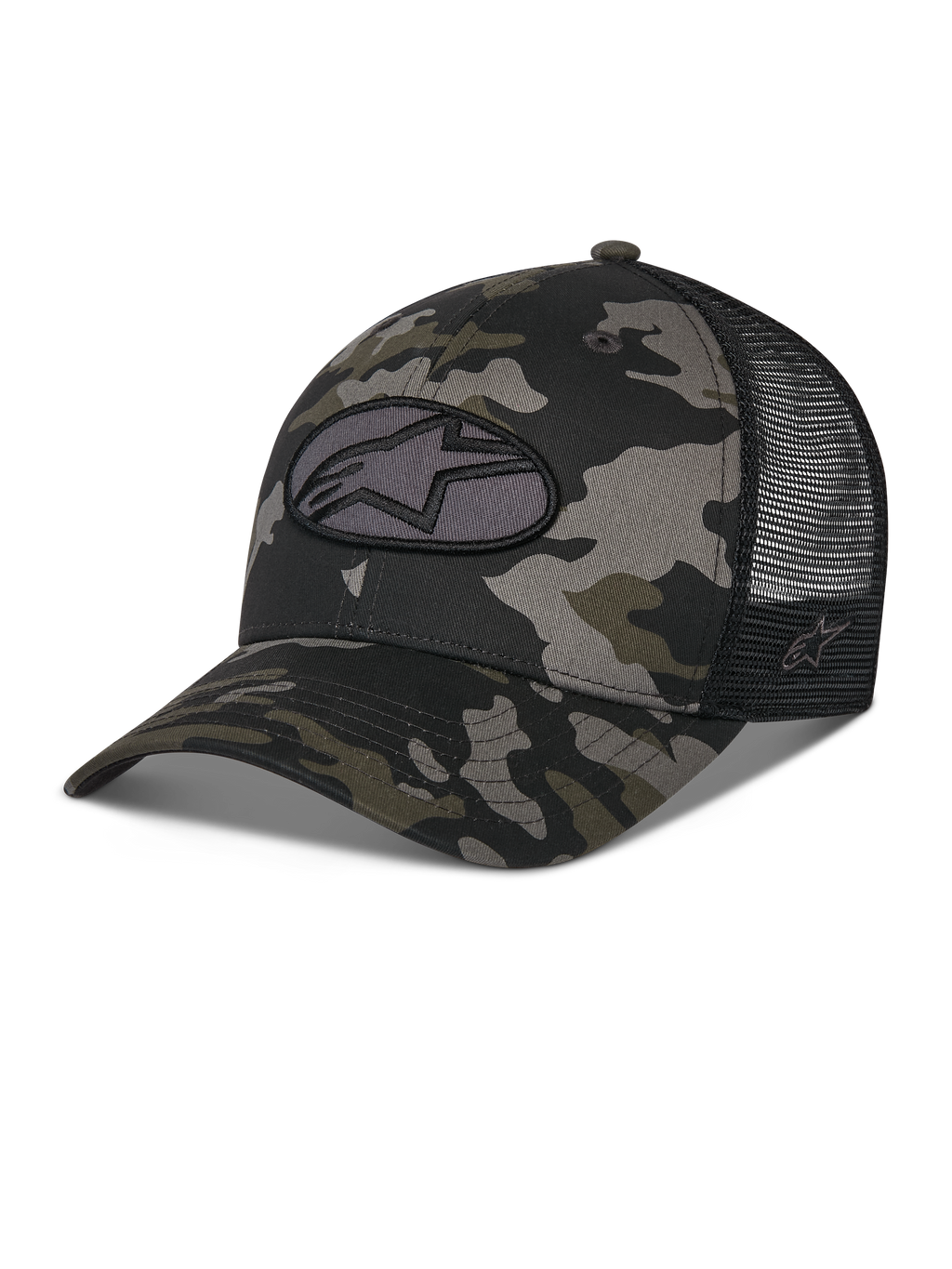 Alpinestars Oblique Camo Trucker Hat, sort camouflagemønster med sort mesh-bagside, ovalt broderet Astars logo-patch foran, buet skygge og struktureret krone, afslappet motorsportsinspireret hovedbeklædning