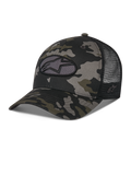 Alpinestars Oblique Camo Trucker Hat, sort camouflagemønster med sort mesh-bagside, ovalt broderet Astars logo-patch foran, buet skygge og struktureret krone, afslappet motorsportsinspireret hovedbeklædning