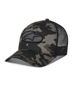Alpinestars Oblique Camo Trucker Hat, sort camouflagemønster med sort mesh-bagside, ovalt broderet Astars logo-patch foran, buet skygge og struktureret krone, afslappet motorsportsinspireret hovedbeklædning